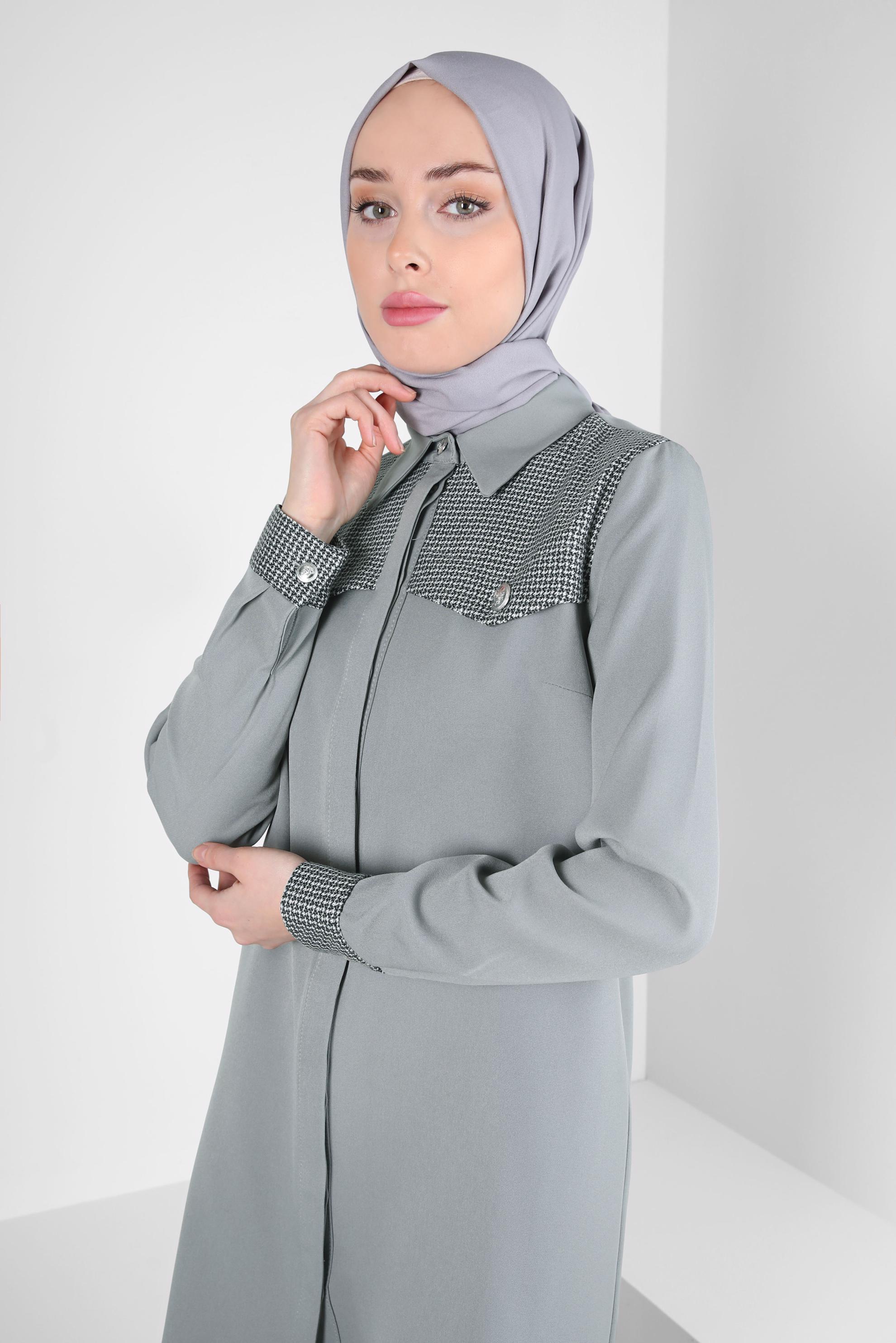 Tesettür giyim GRİ DESENLİ PANTOLONLU TAKIM 44139