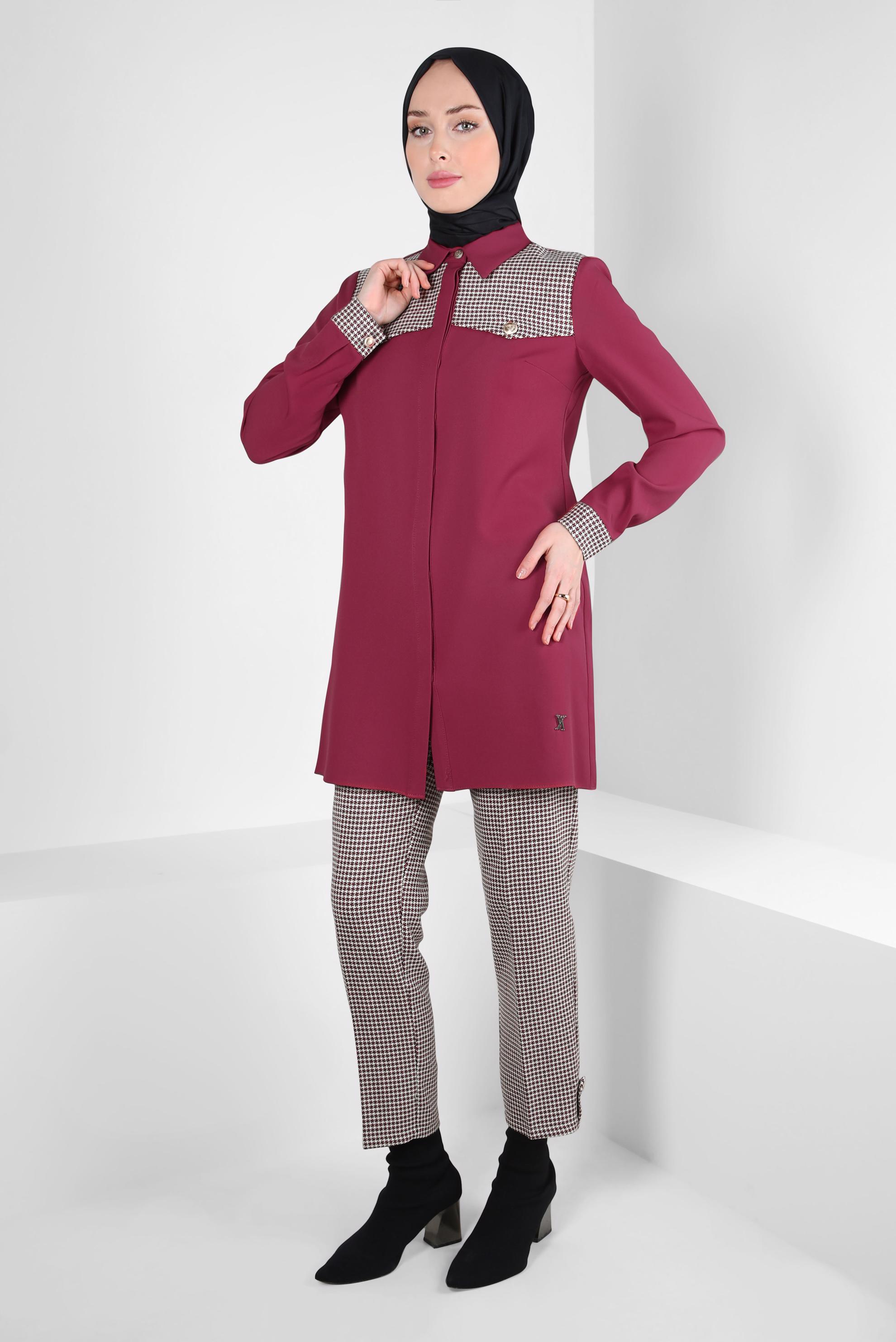 Tesettür giyim FUŞYA DESENLİ PANTOLONLU TAKIM 44139