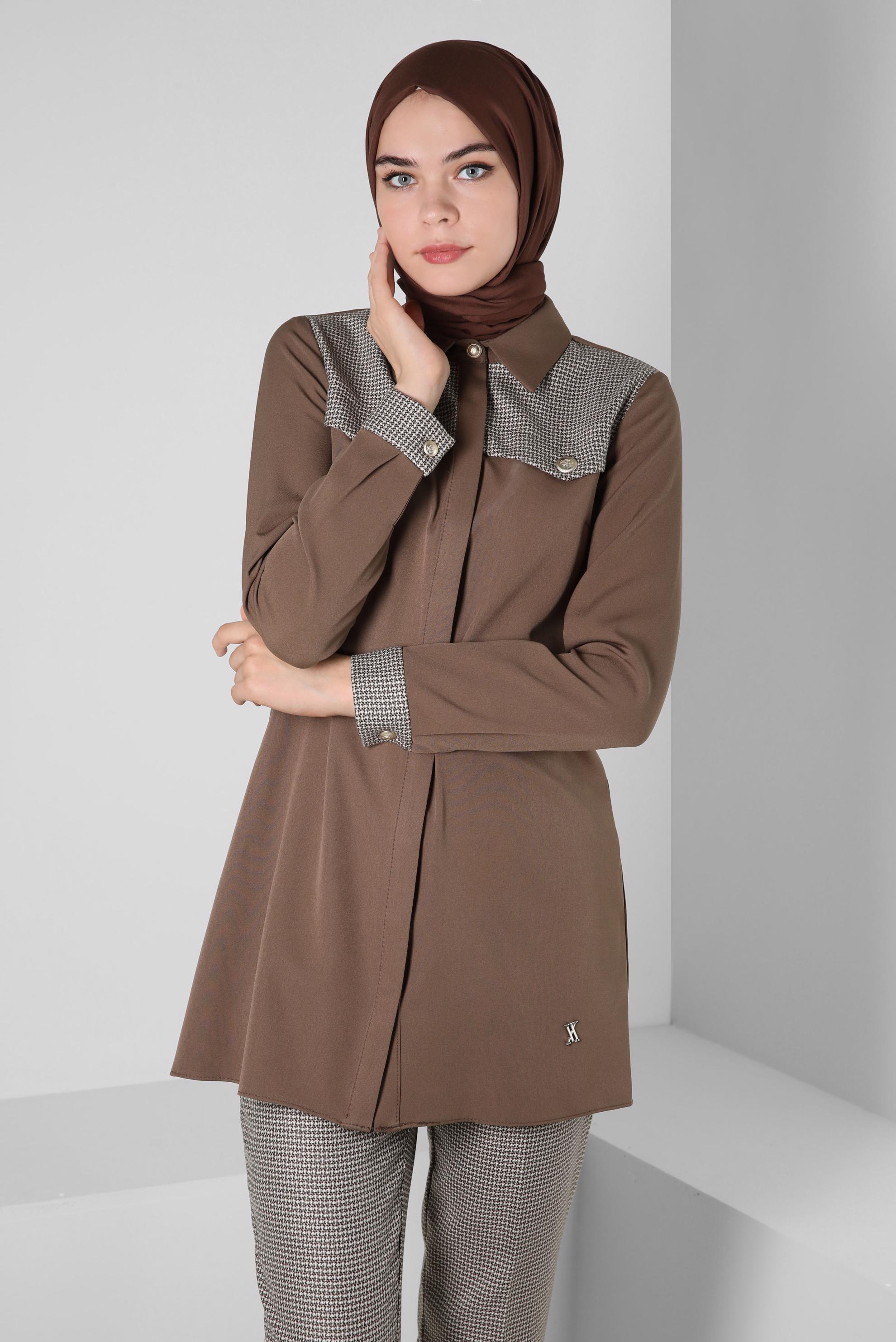 Tesettür giyim VİZON DESENLİ PANTOLONLU TAKIM 44139