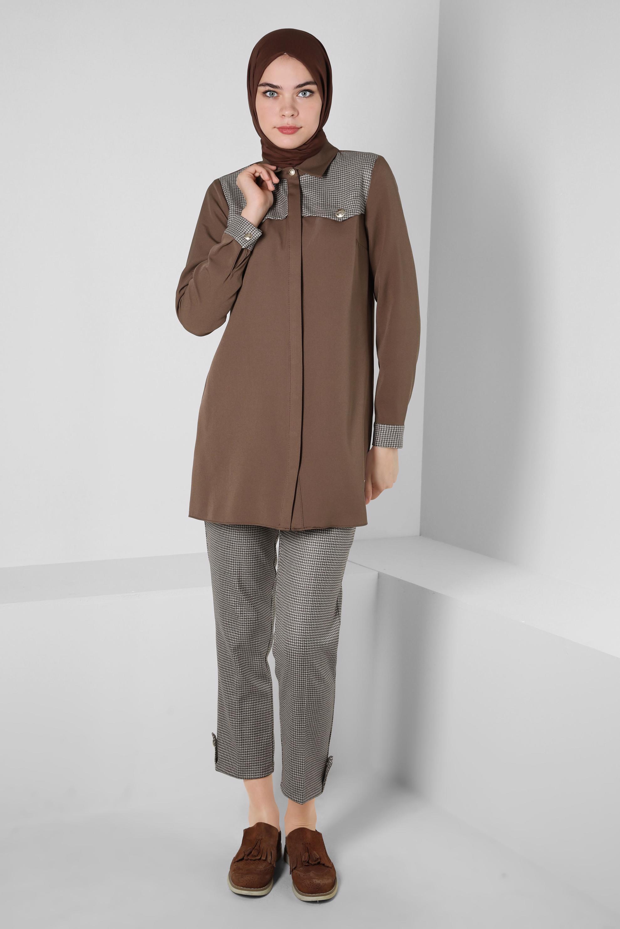 Tesettür giyim VİZON DESENLİ PANTOLONLU TAKIM 44139