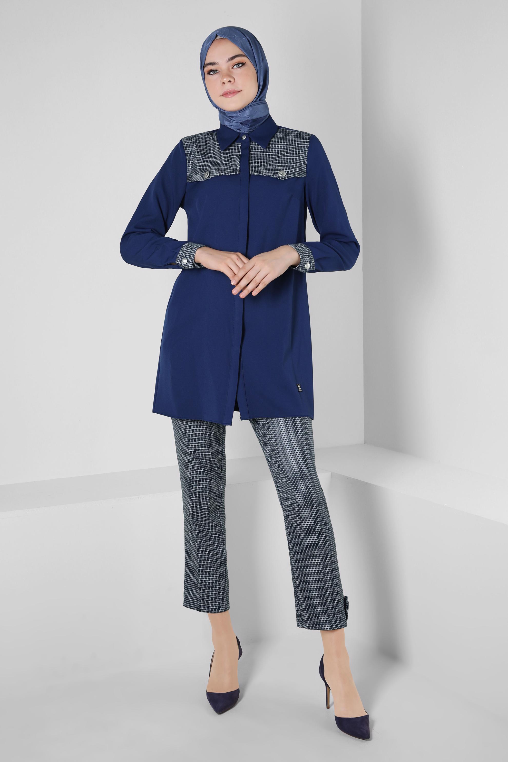 Tesettür giyim LACİVERT DESENLİ PANTOLONLU TAKIM 44139