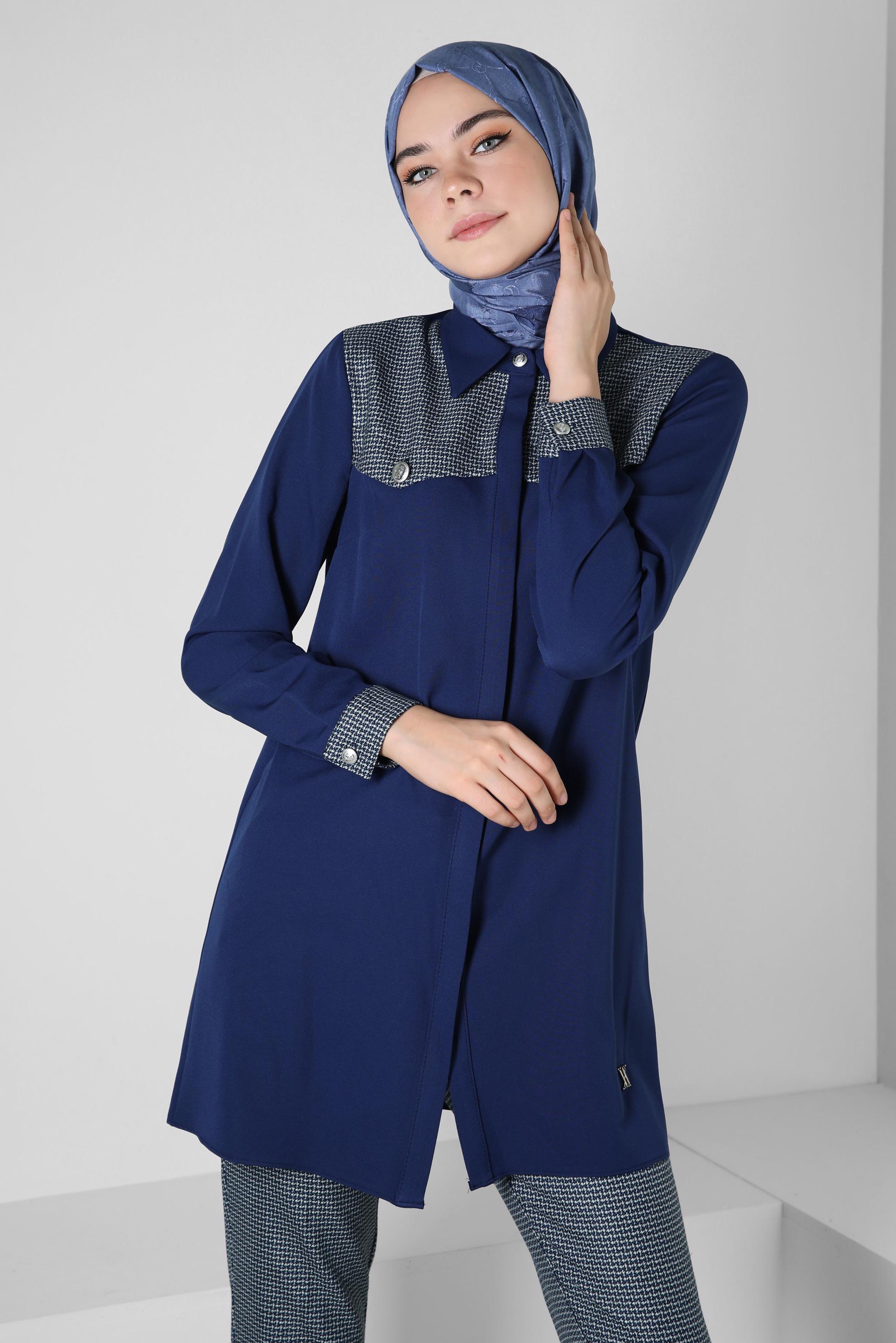 Tesettür giyim LACİVERT DESENLİ PANTOLONLU TAKIM 44139