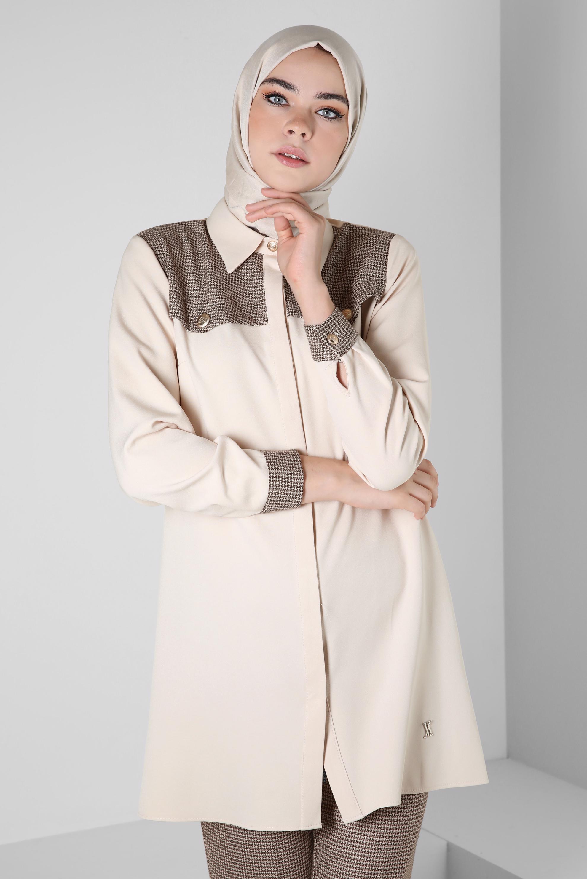 Tesettür giyim EKRU DESENLİ PANTOLONLU TAKIM 44139