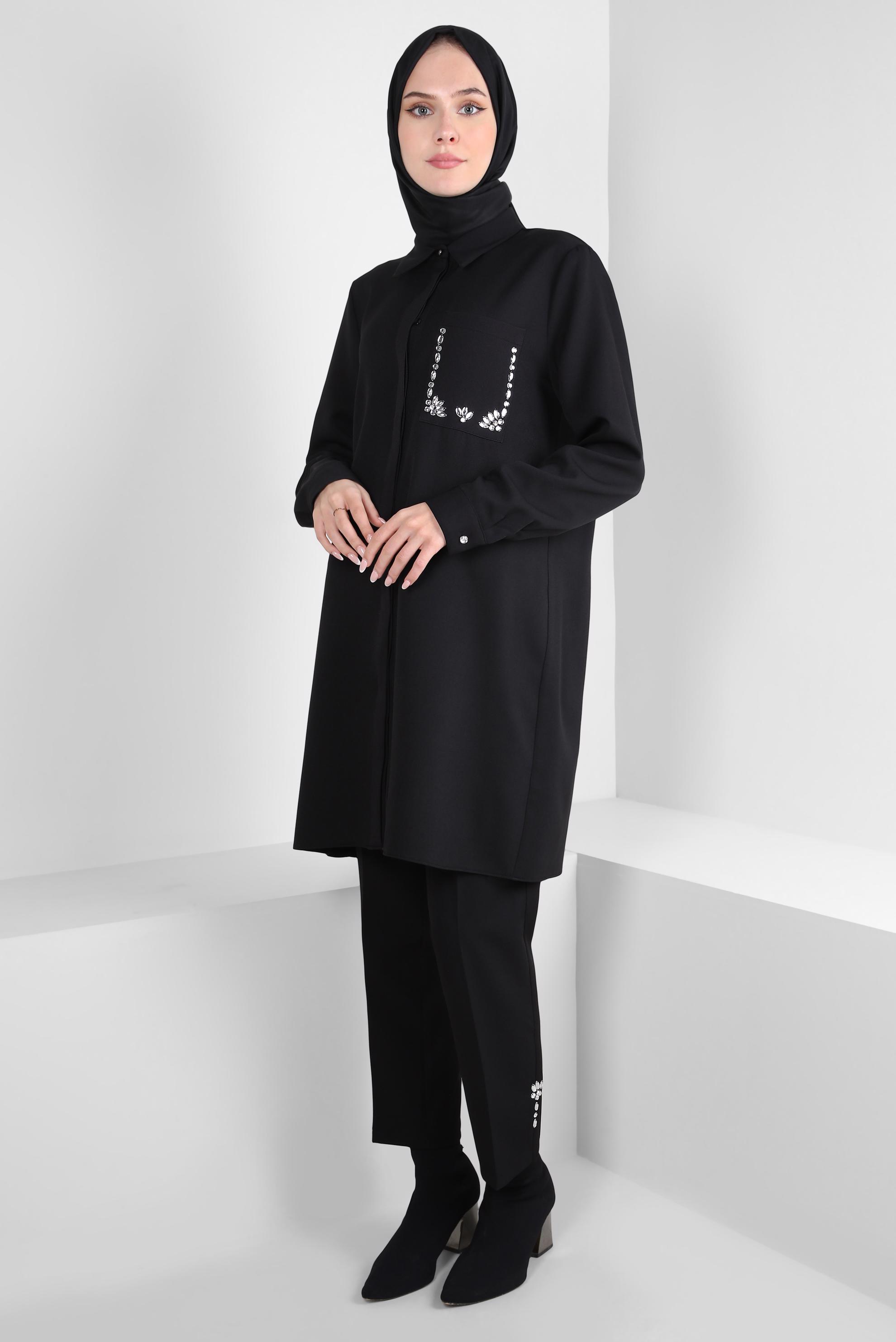 Tesettür giyim SİYAH TAŞ DETAYLI PANTOLONLU TAKIM 44155