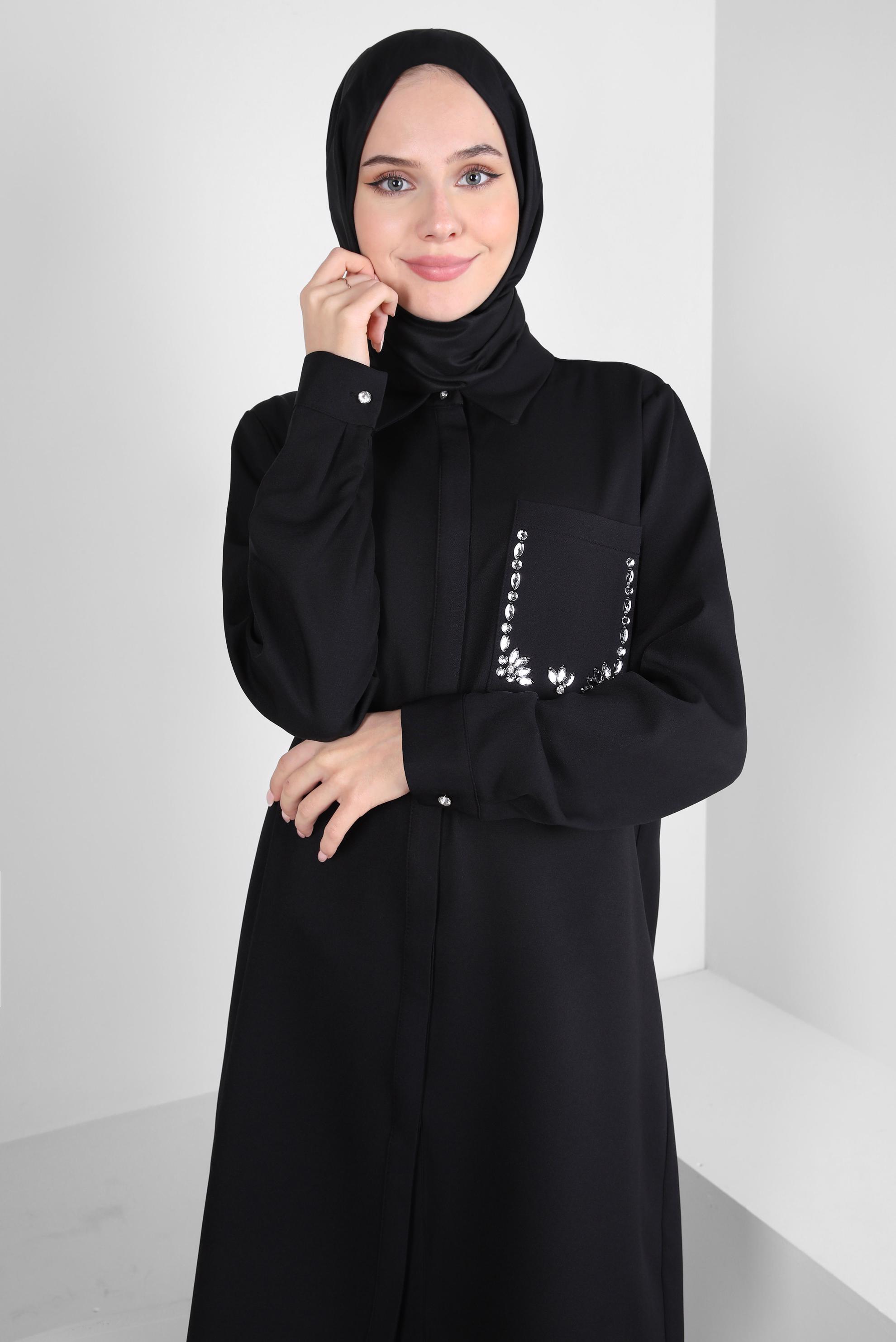 Tesettür giyim SİYAH TAŞ DETAYLI PANTOLONLU TAKIM 44155