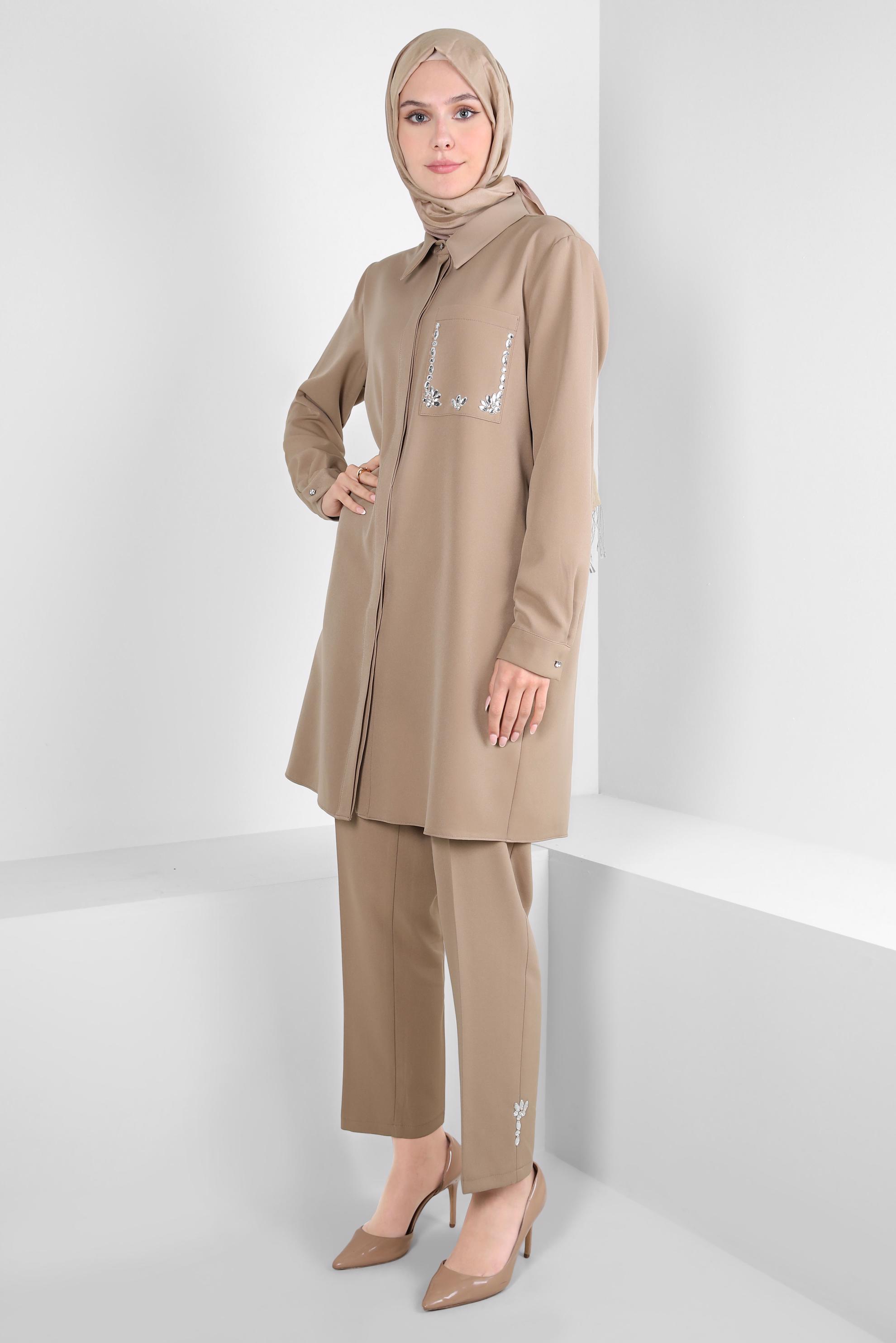 Tesettür giyim KAHVE TAŞ DETAYLI PANTOLONLU TAKIM 44155