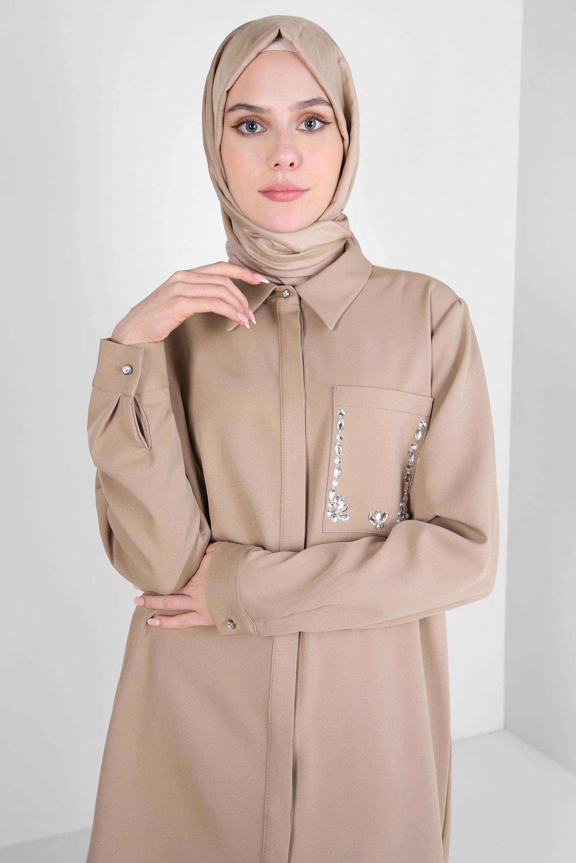 Tesettür giyim KAHVE TAŞ DETAYLI PANTOLONLU TAKIM 44155