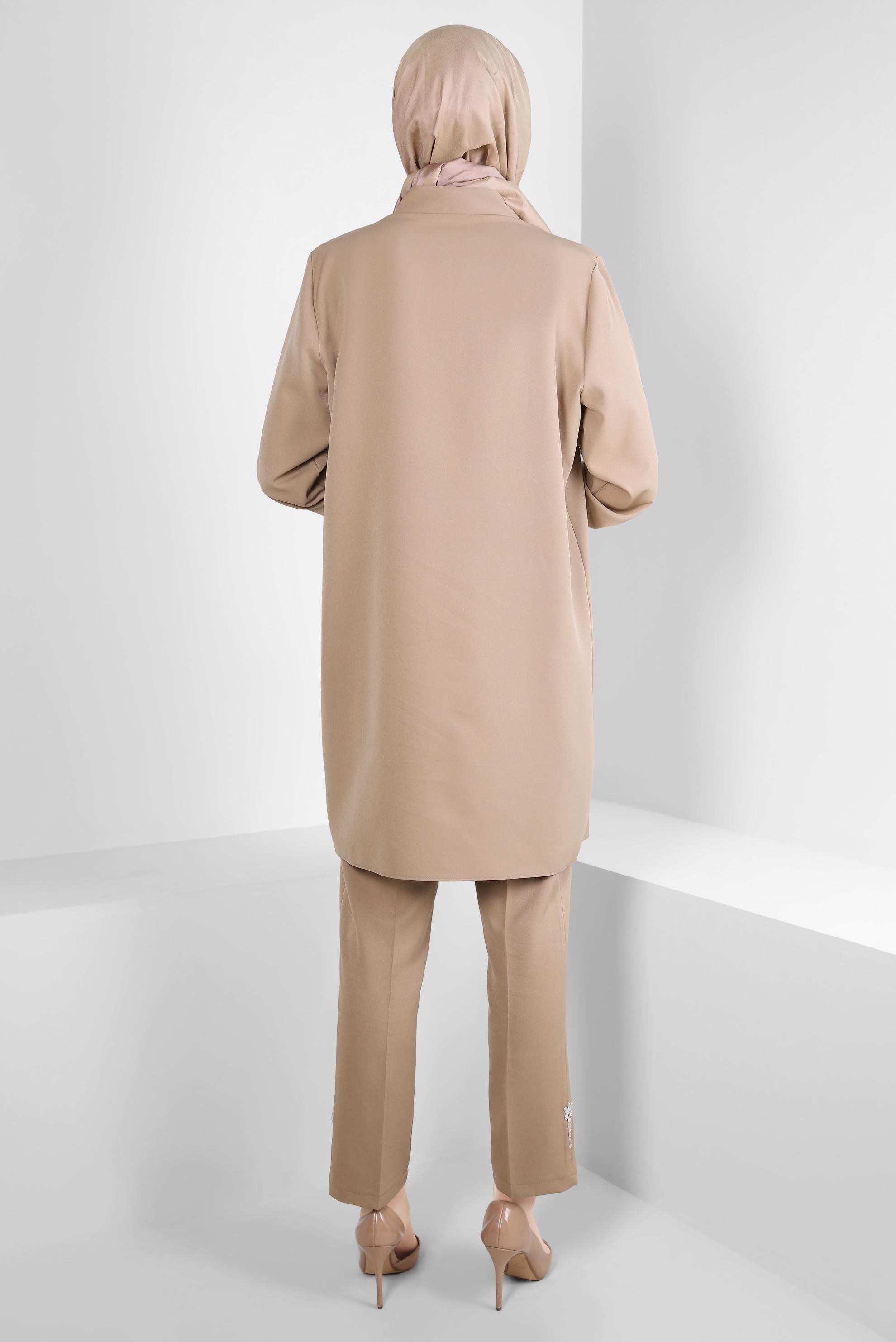 Tesettür giyim KAHVE TAŞ DETAYLI PANTOLONLU TAKIM 44155