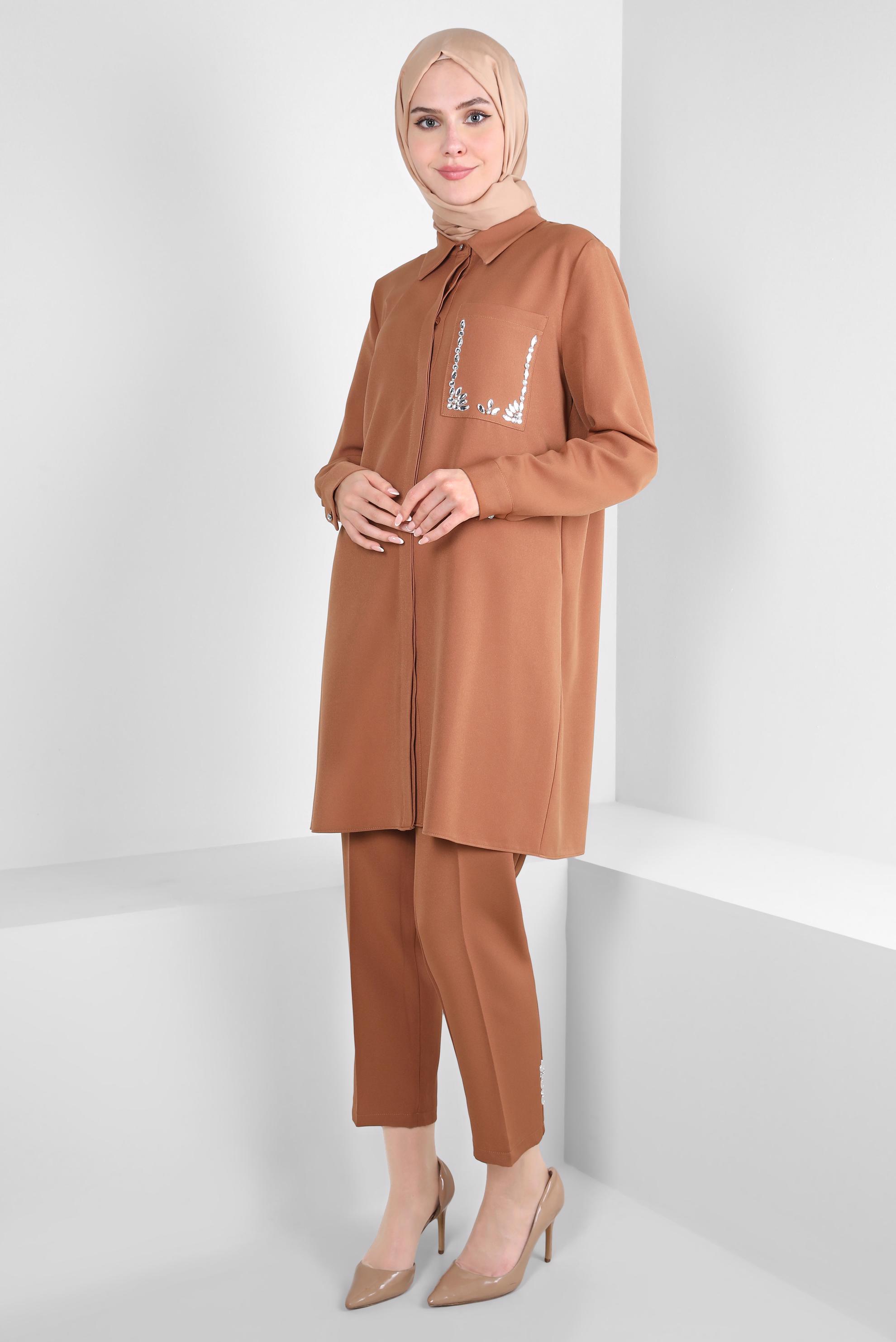 Tesettür giyim TABA TAŞ DETAYLI PANTOLONLU TAKIM 44155
