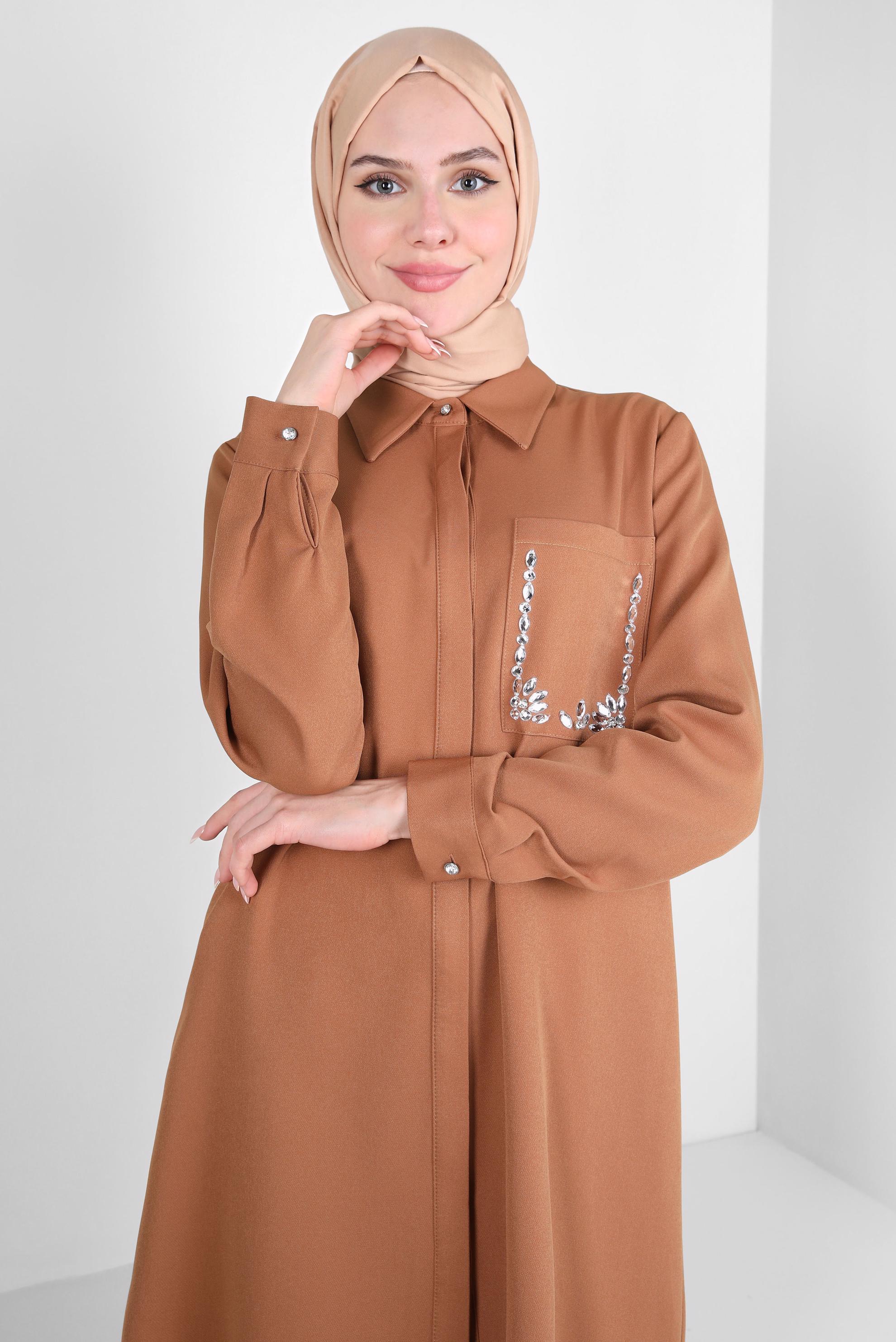 Tesettür giyim TABA TAŞ DETAYLI PANTOLONLU TAKIM 44155