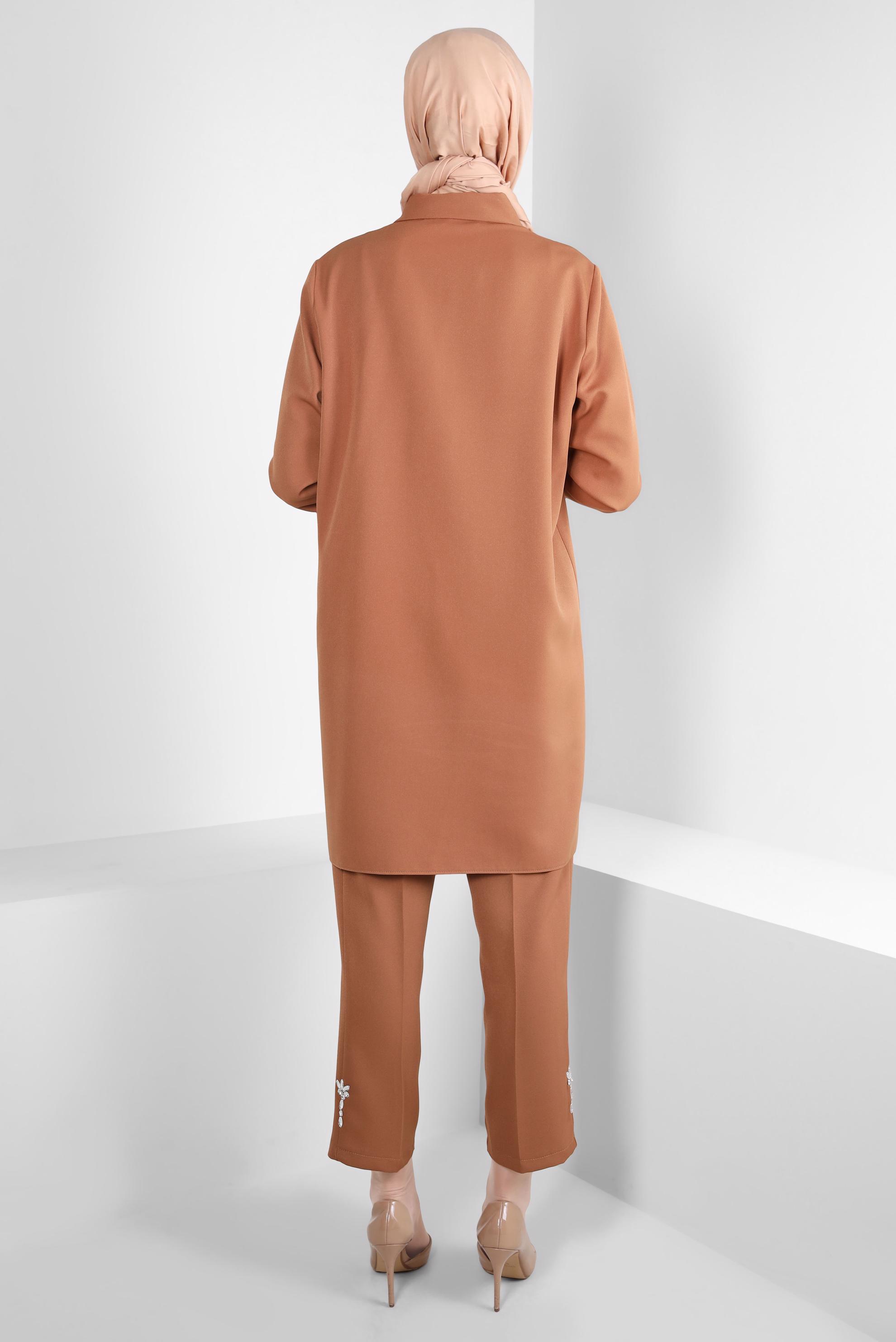 Tesettür giyim TABA TAŞ DETAYLI PANTOLONLU TAKIM 44155