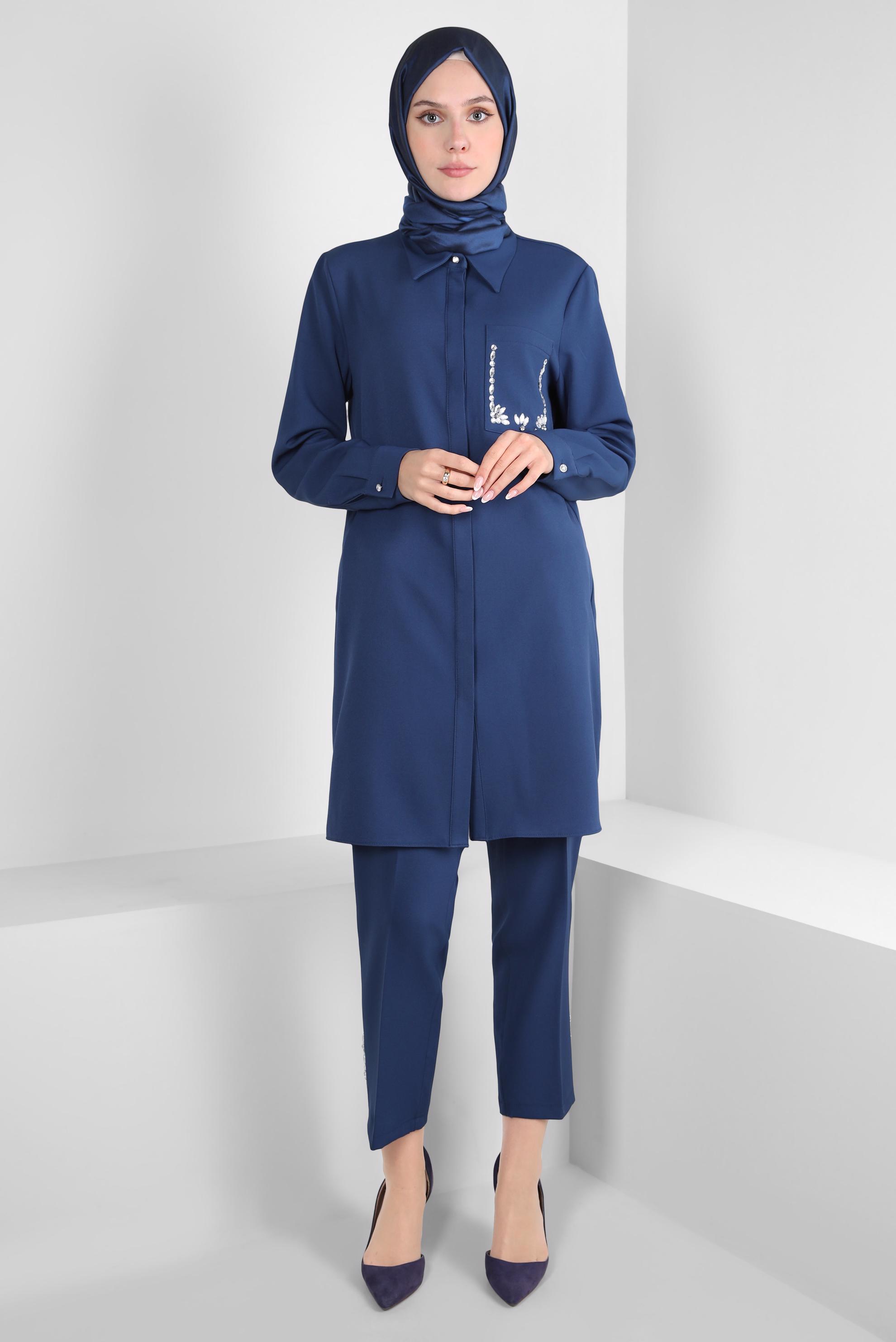 Tesettür giyim LACİVERT TAŞ DETAYLI PANTOLONLU TAKIM 44155