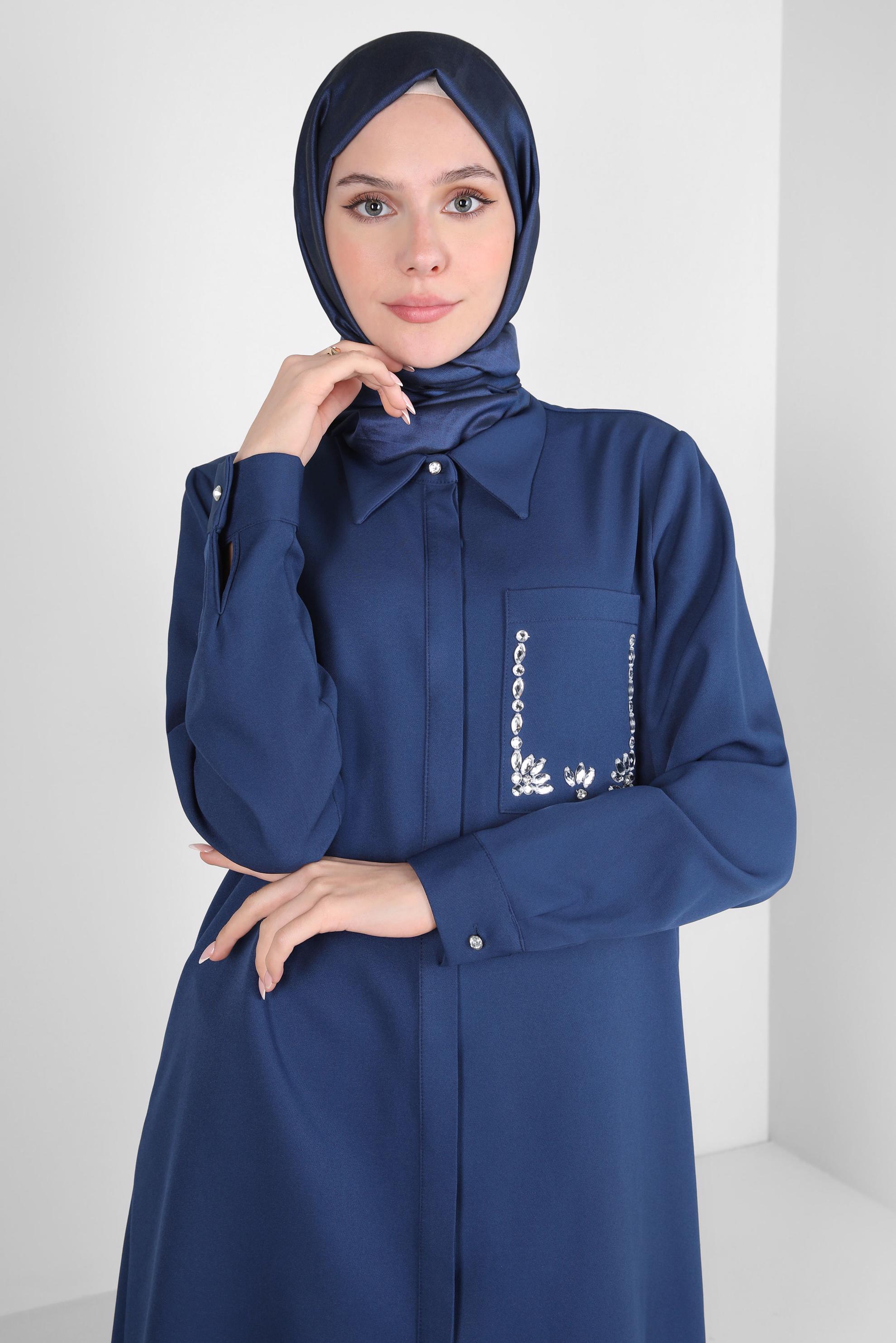 Tesettür giyim LACİVERT TAŞ DETAYLI PANTOLONLU TAKIM 44155