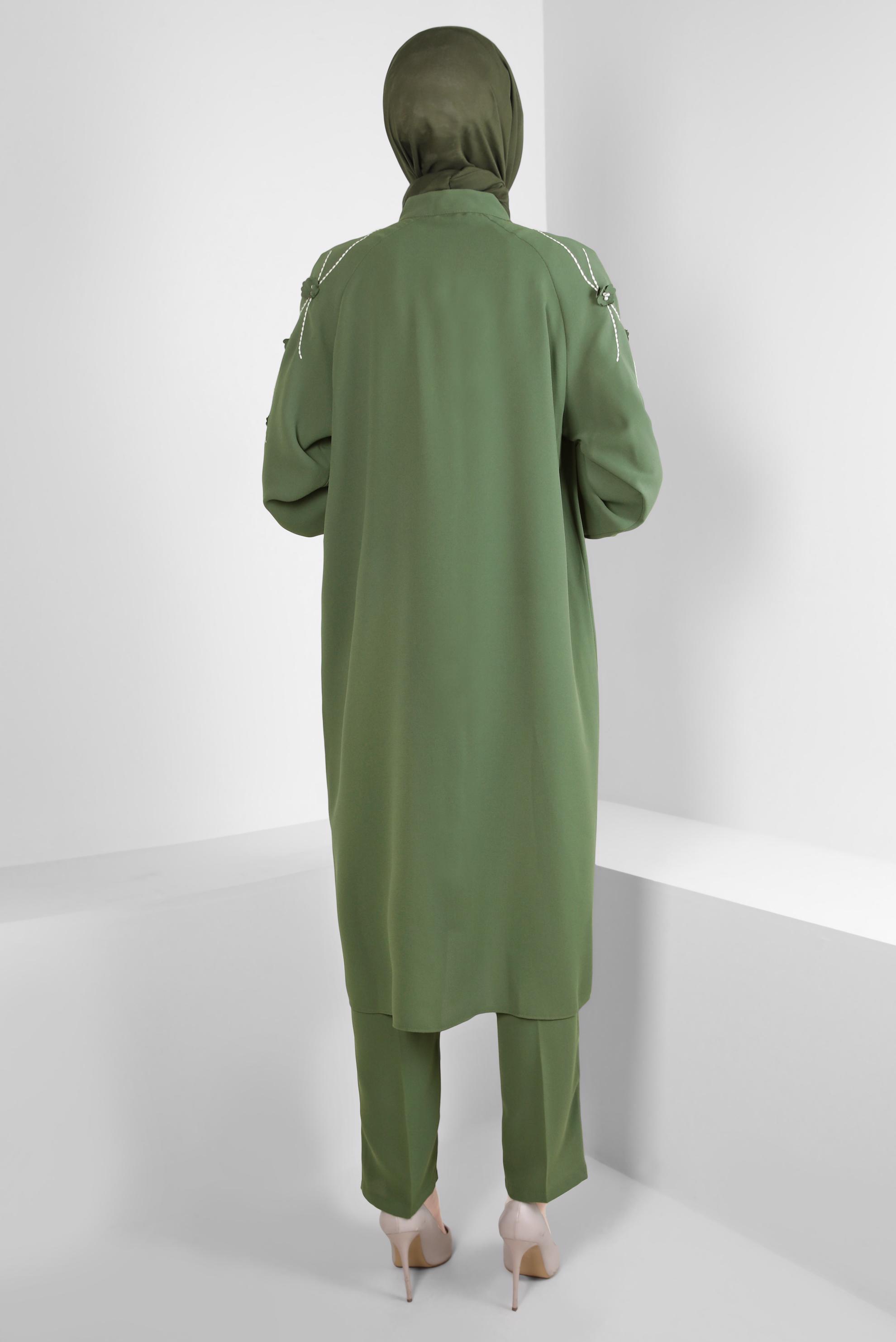 Tesettür giyim HAKİ ÇİÇEK DETAYLI PANTOLONLU TAKIM 44165