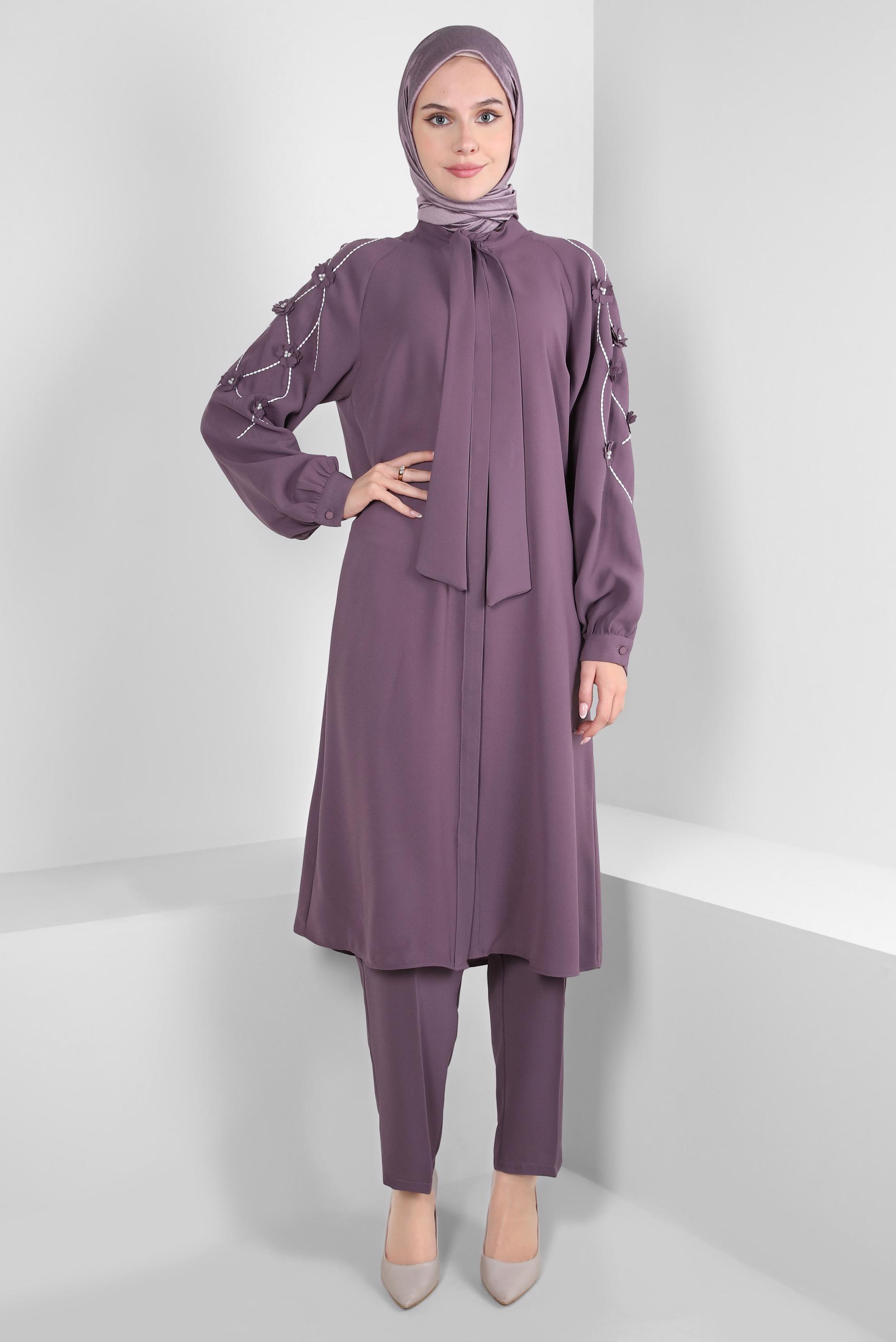 Tesettür giyim MOR ÇİÇEK DETAYLI PANTOLONLU TAKIM 44165