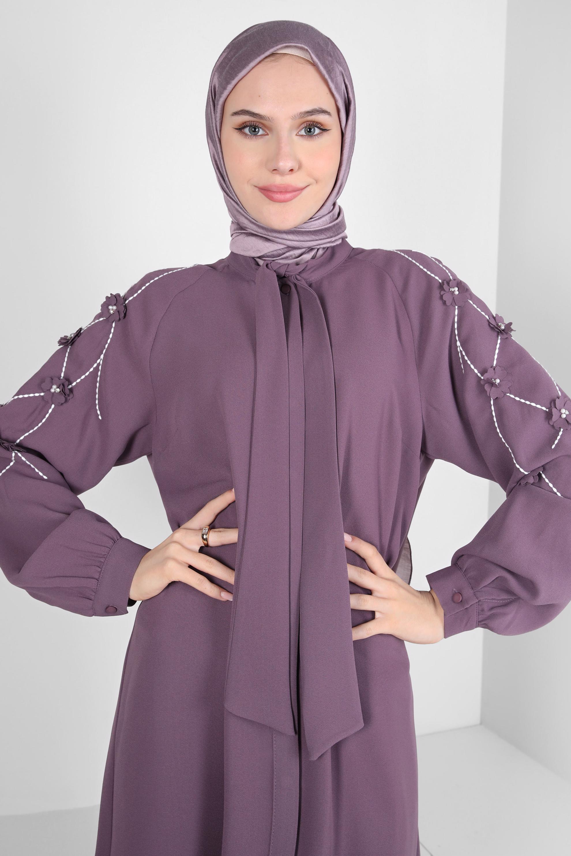 Tesettür giyim MOR ÇİÇEK DETAYLI PANTOLONLU TAKIM 44165