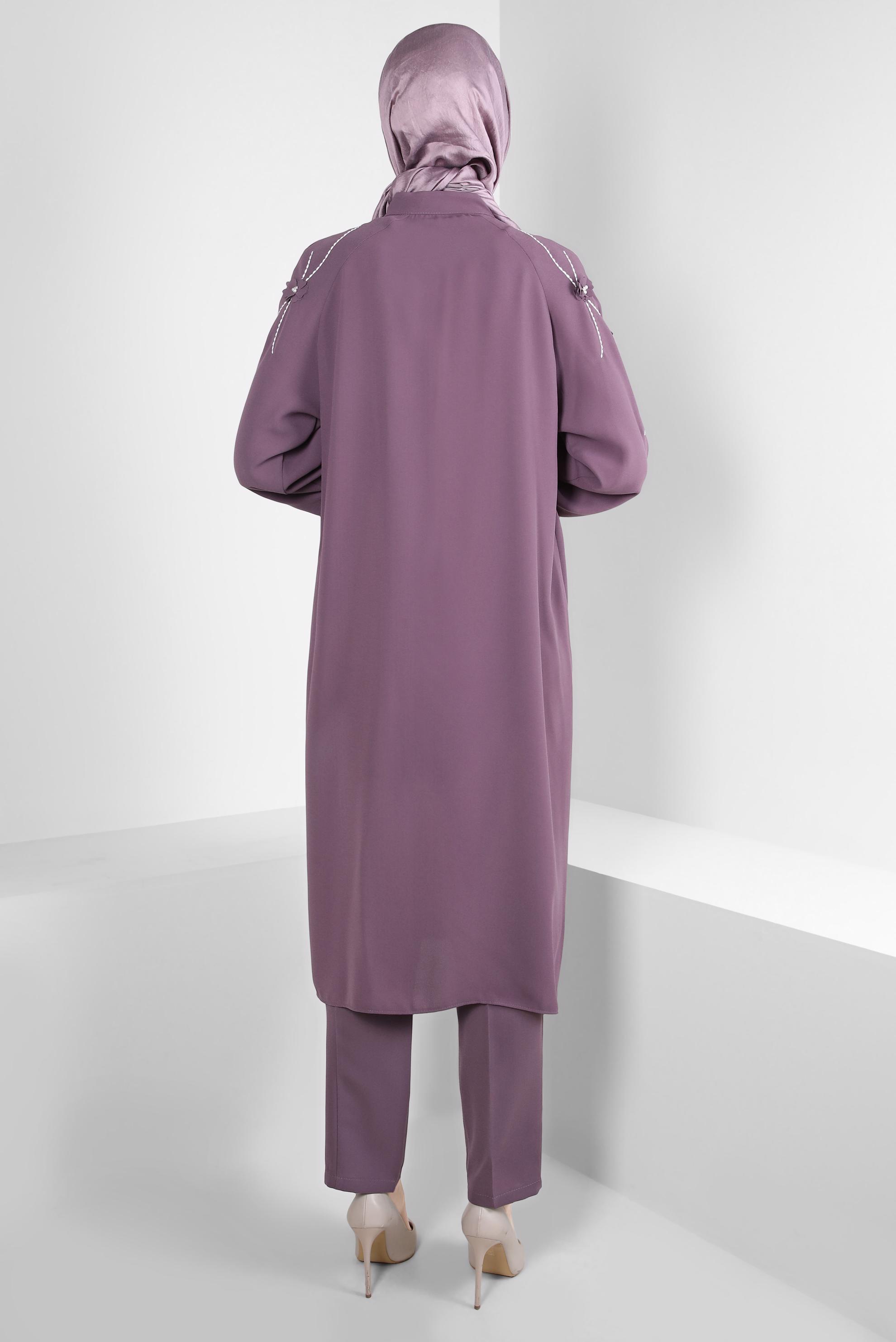 Tesettür giyim MOR ÇİÇEK DETAYLI PANTOLONLU TAKIM 44165