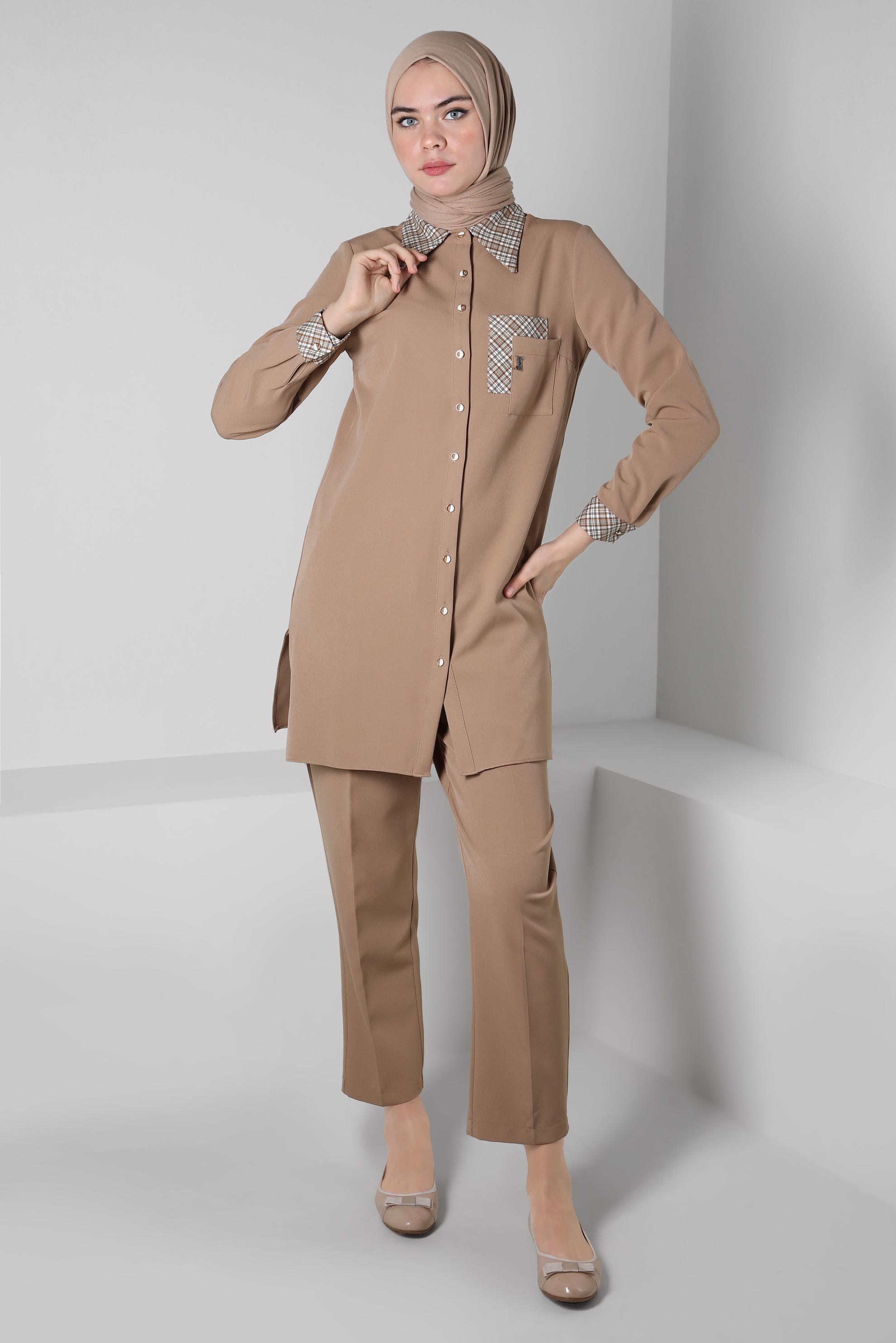 Tesettür giyim KAHVE EKOSE DESENLİ PANTOLONLU TAKIM 44166