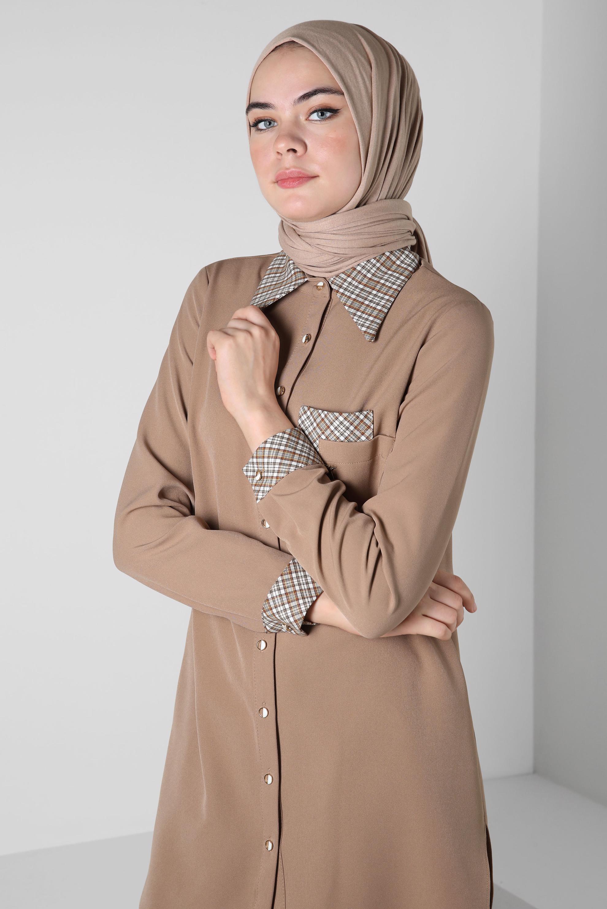 Tesettür giyim KAHVE EKOSE DESENLİ PANTOLONLU TAKIM 44166