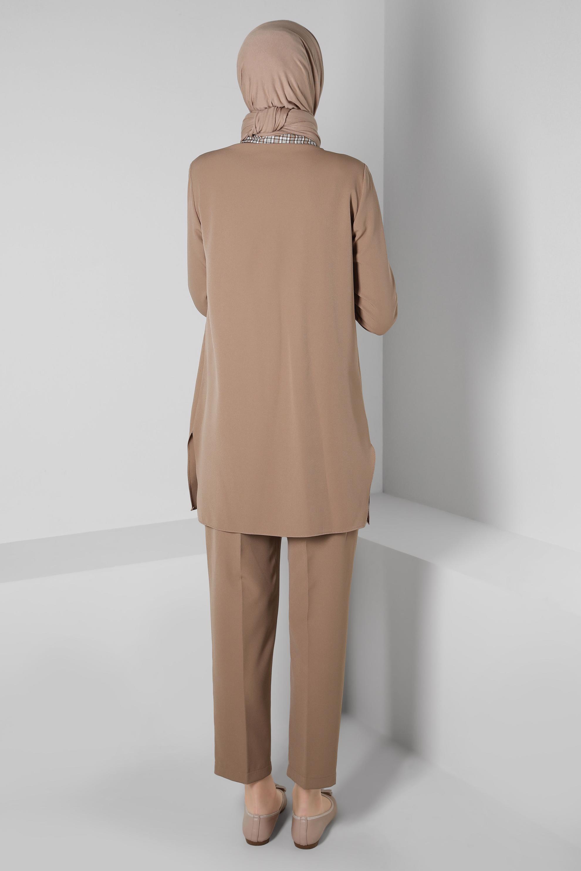 Tesettür giyim KAHVE EKOSE DESENLİ PANTOLONLU TAKIM 44166