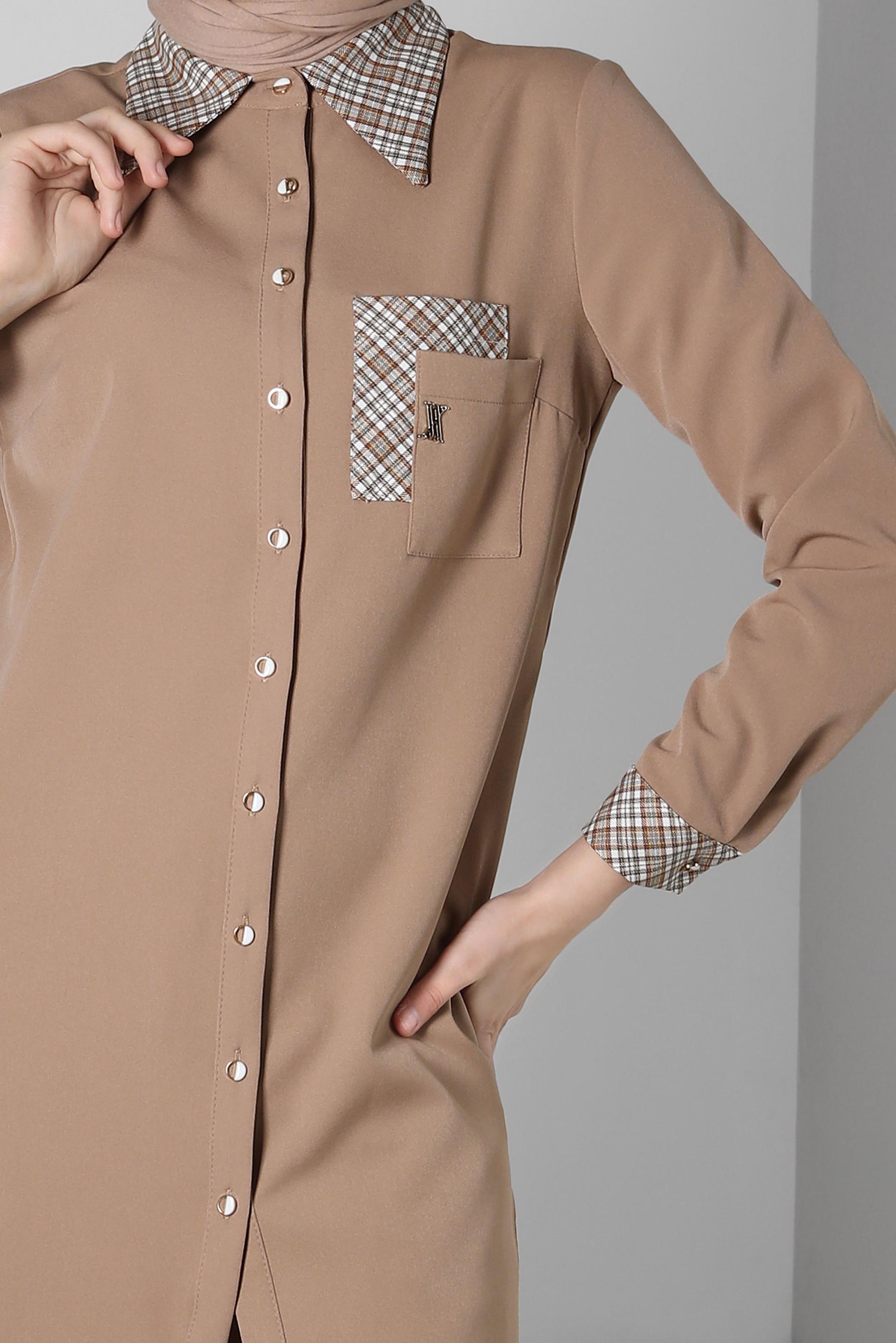 Tesettür giyim KAHVE EKOSE DESENLİ PANTOLONLU TAKIM 44166