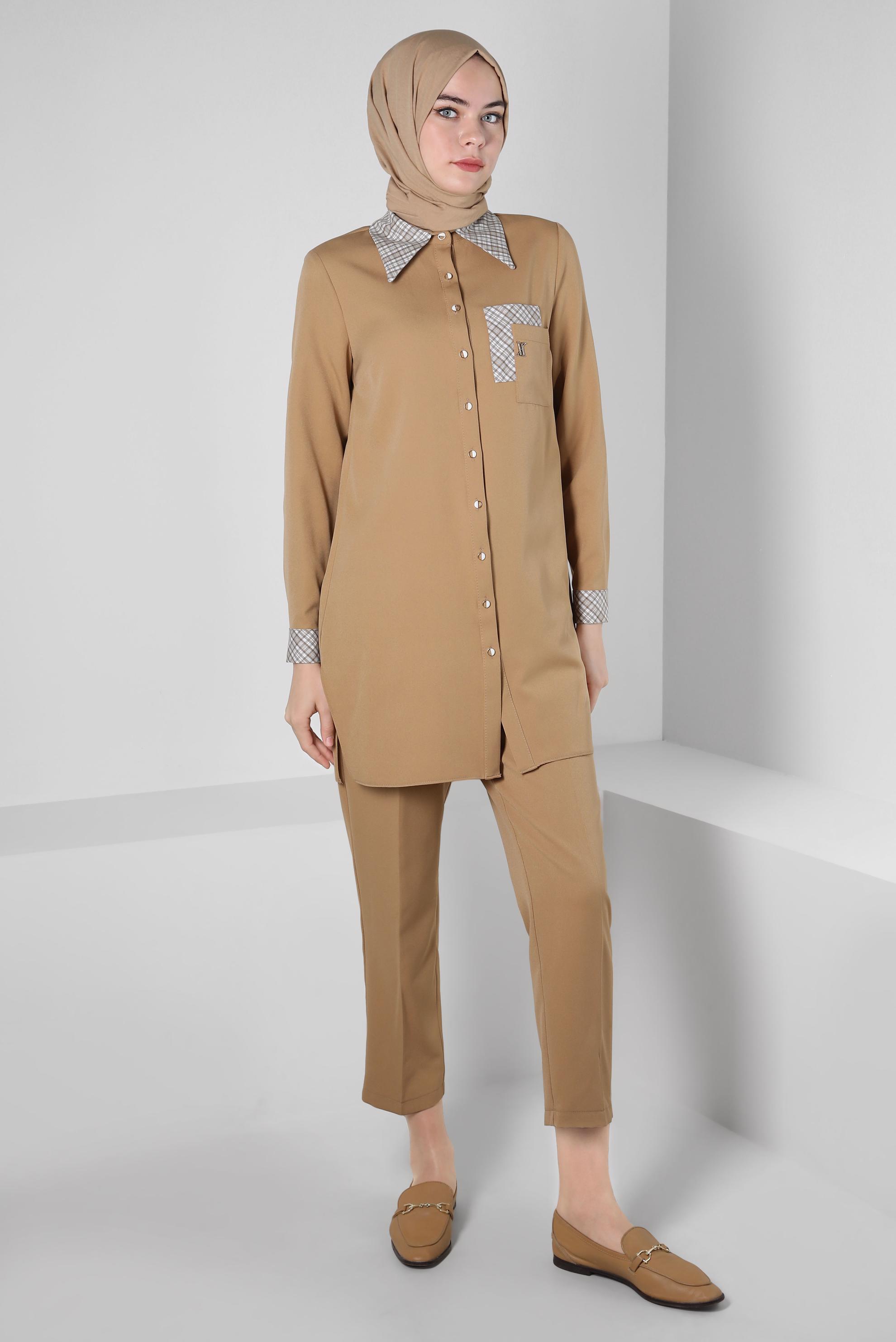 Tesettür giyim KAHVE EKOSE DESENLİ PANTOLONLU TAKIM 44166