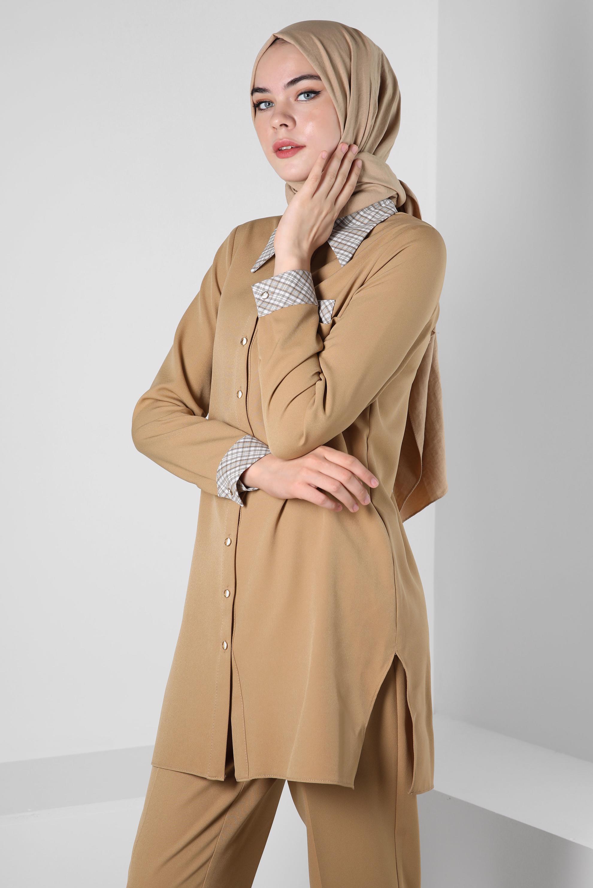 Tesettür giyim KAHVE EKOSE DESENLİ PANTOLONLU TAKIM 44166