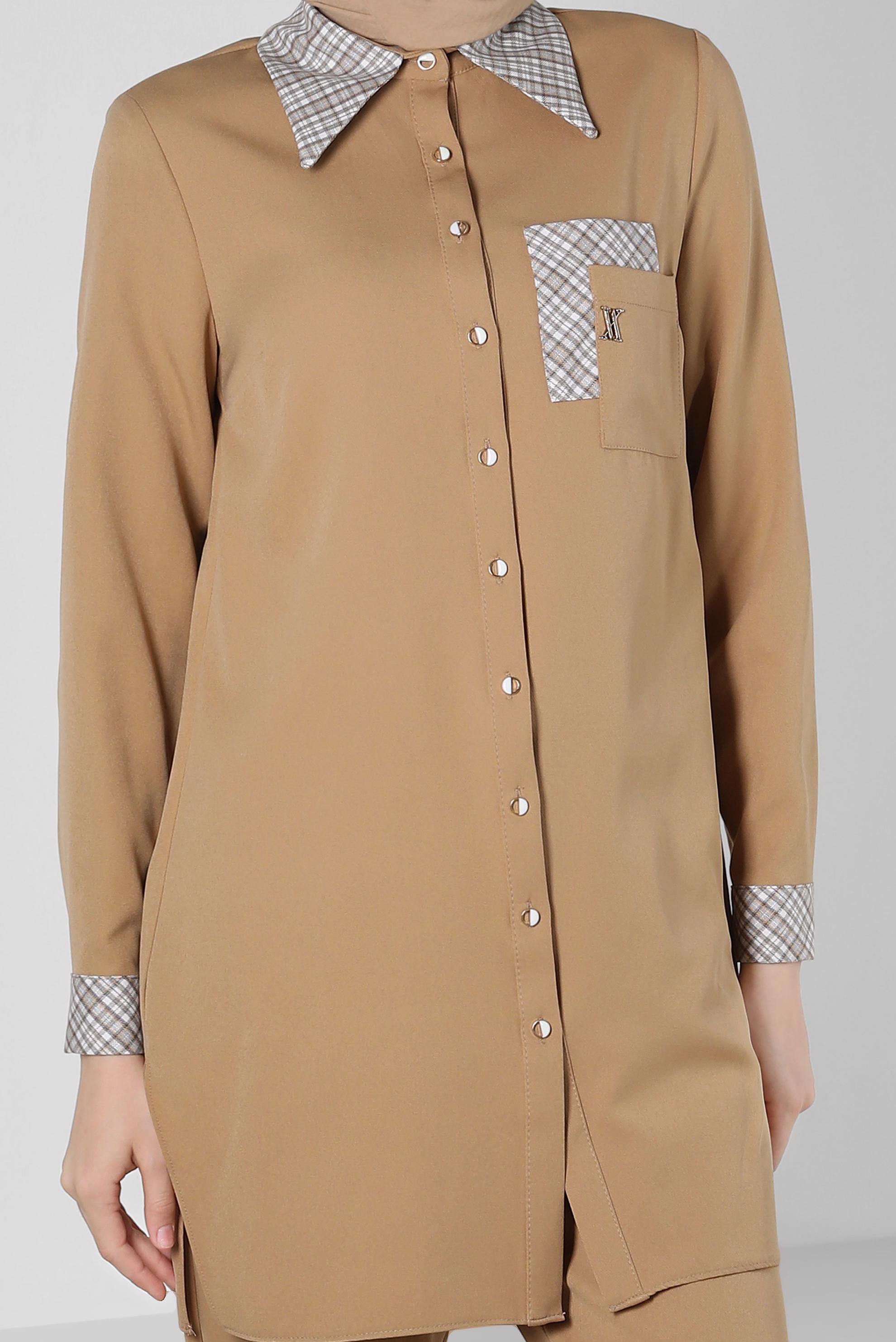 Tesettür giyim KAHVE EKOSE DESENLİ PANTOLONLU TAKIM 44166