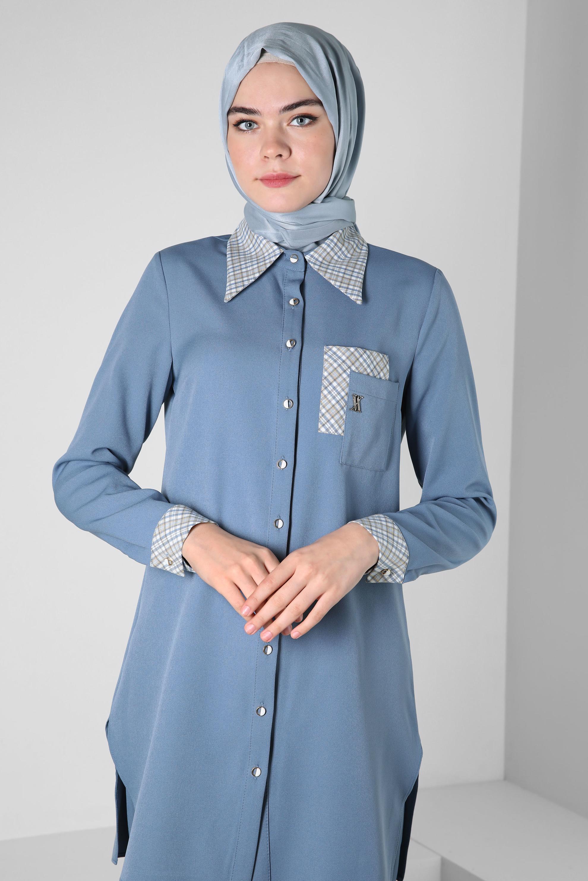 Tesettür giyim MAVİ EKOSE DESENLİ PANTOLONLU TAKIM 44166