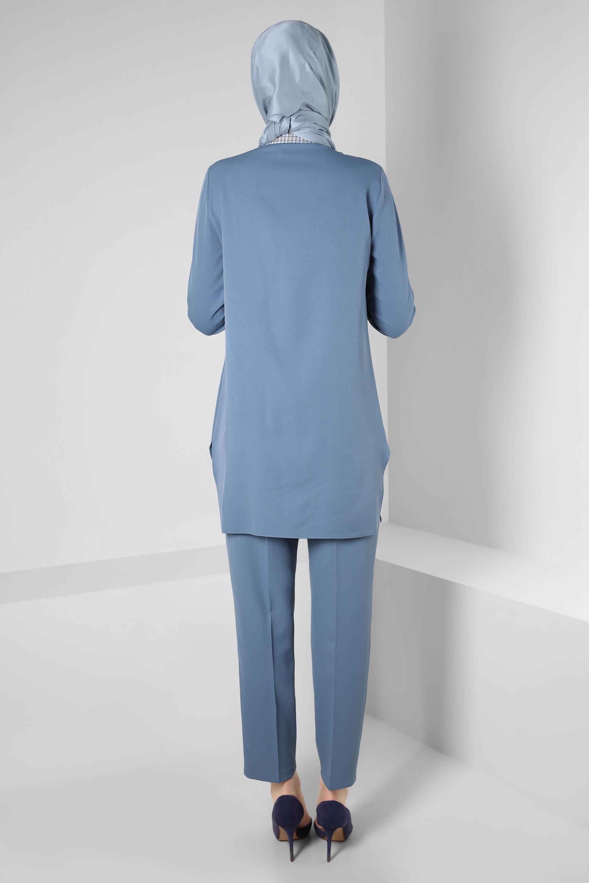 Tesettür giyim MAVİ EKOSE DESENLİ PANTOLONLU TAKIM 44166