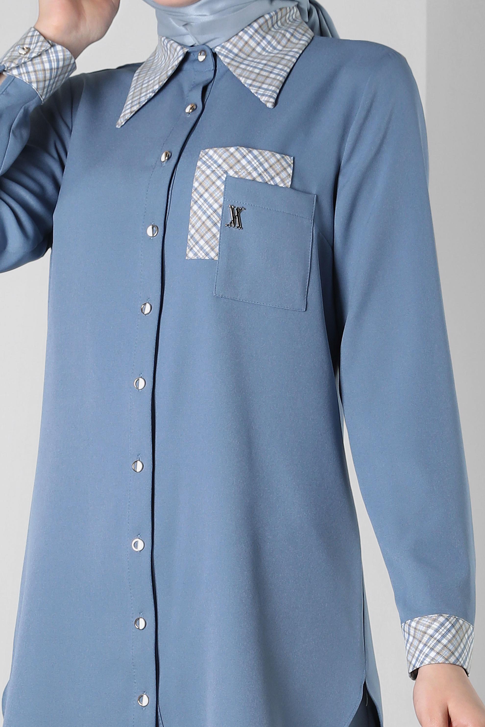 Tesettür giyim MAVİ EKOSE DESENLİ PANTOLONLU TAKIM 44166