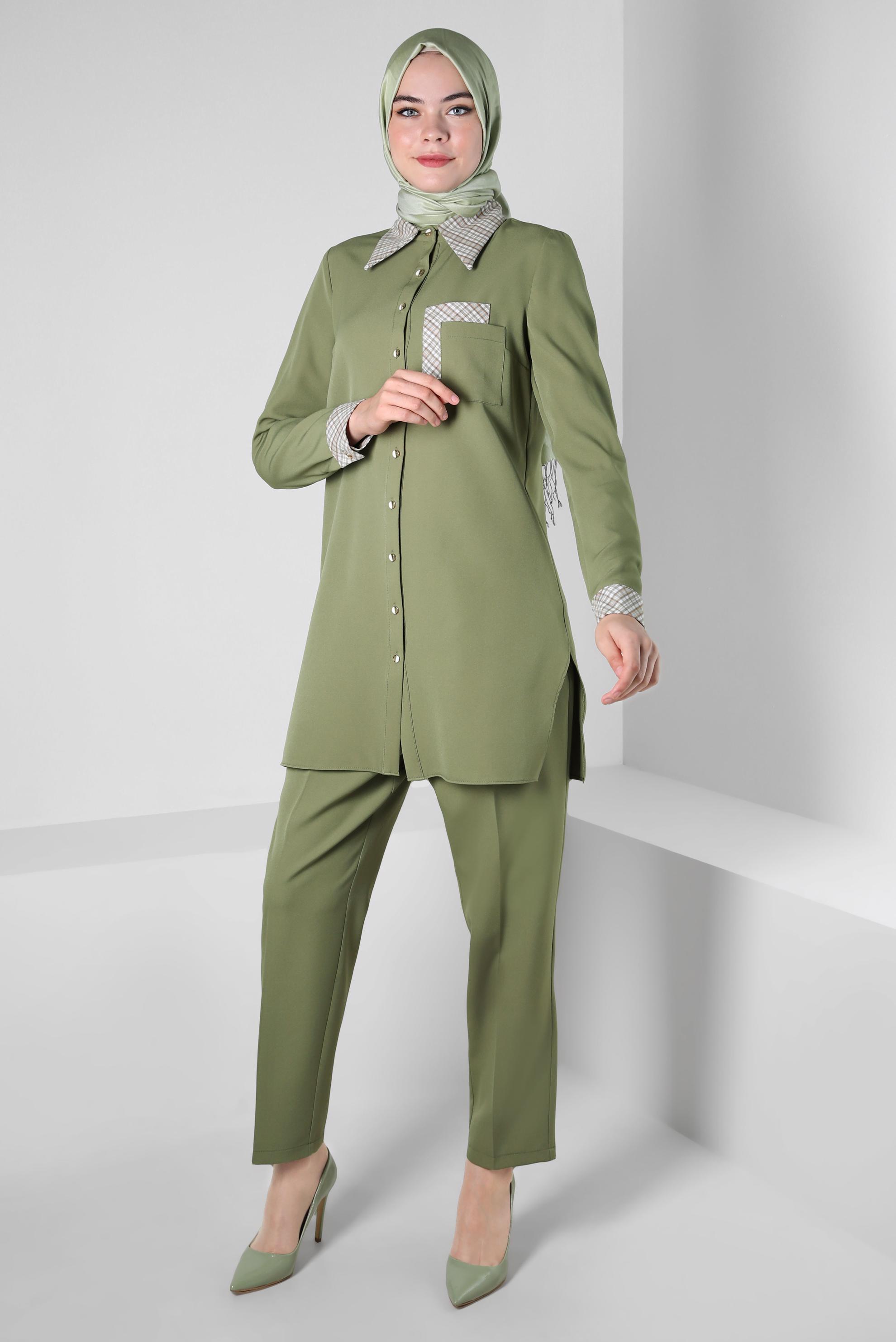Tesettür giyim YEŞİL EKOSE DESENLİ PANTOLONLU TAKIM 44166