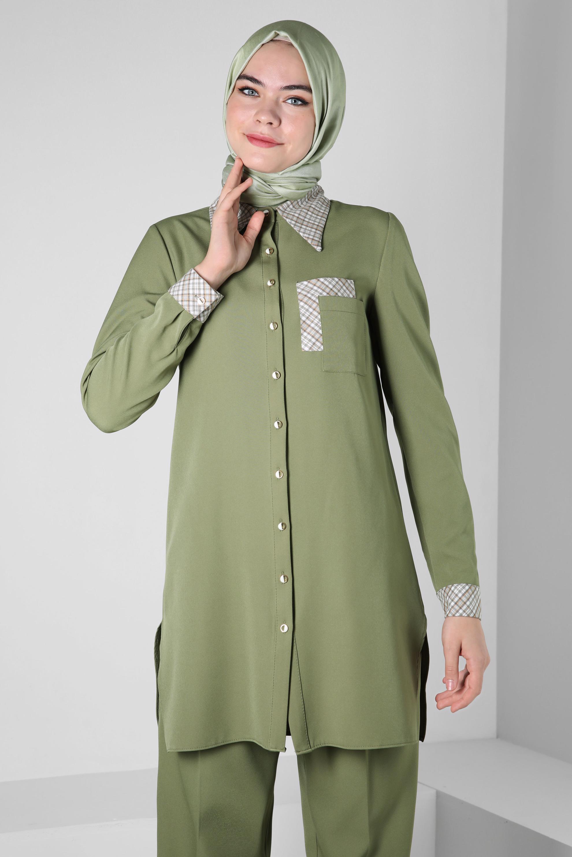 Tesettür giyim YEŞİL EKOSE DESENLİ PANTOLONLU TAKIM 44166