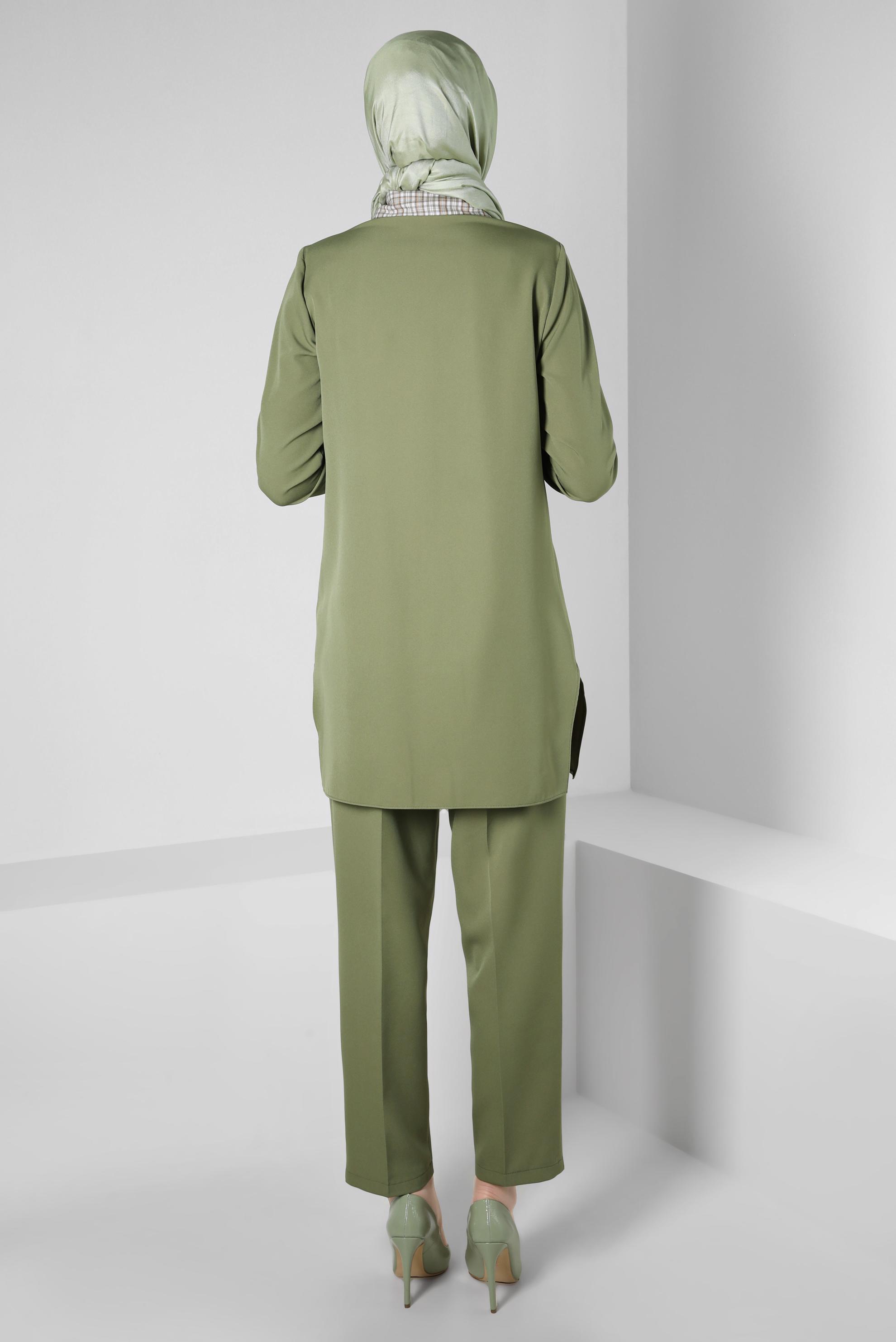 Tesettür giyim YEŞİL EKOSE DESENLİ PANTOLONLU TAKIM 44166