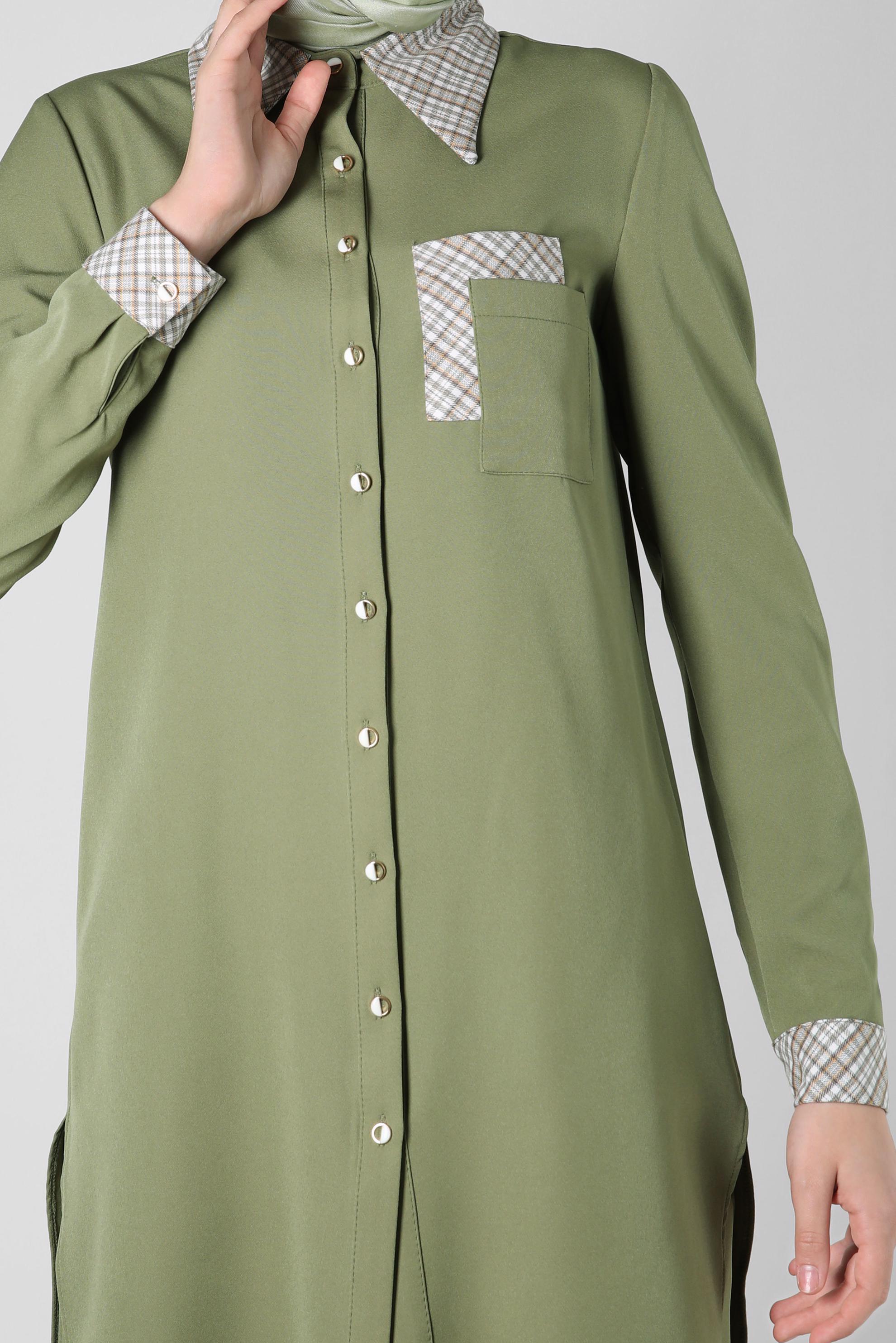 Tesettür giyim YEŞİL EKOSE DESENLİ PANTOLONLU TAKIM 44166