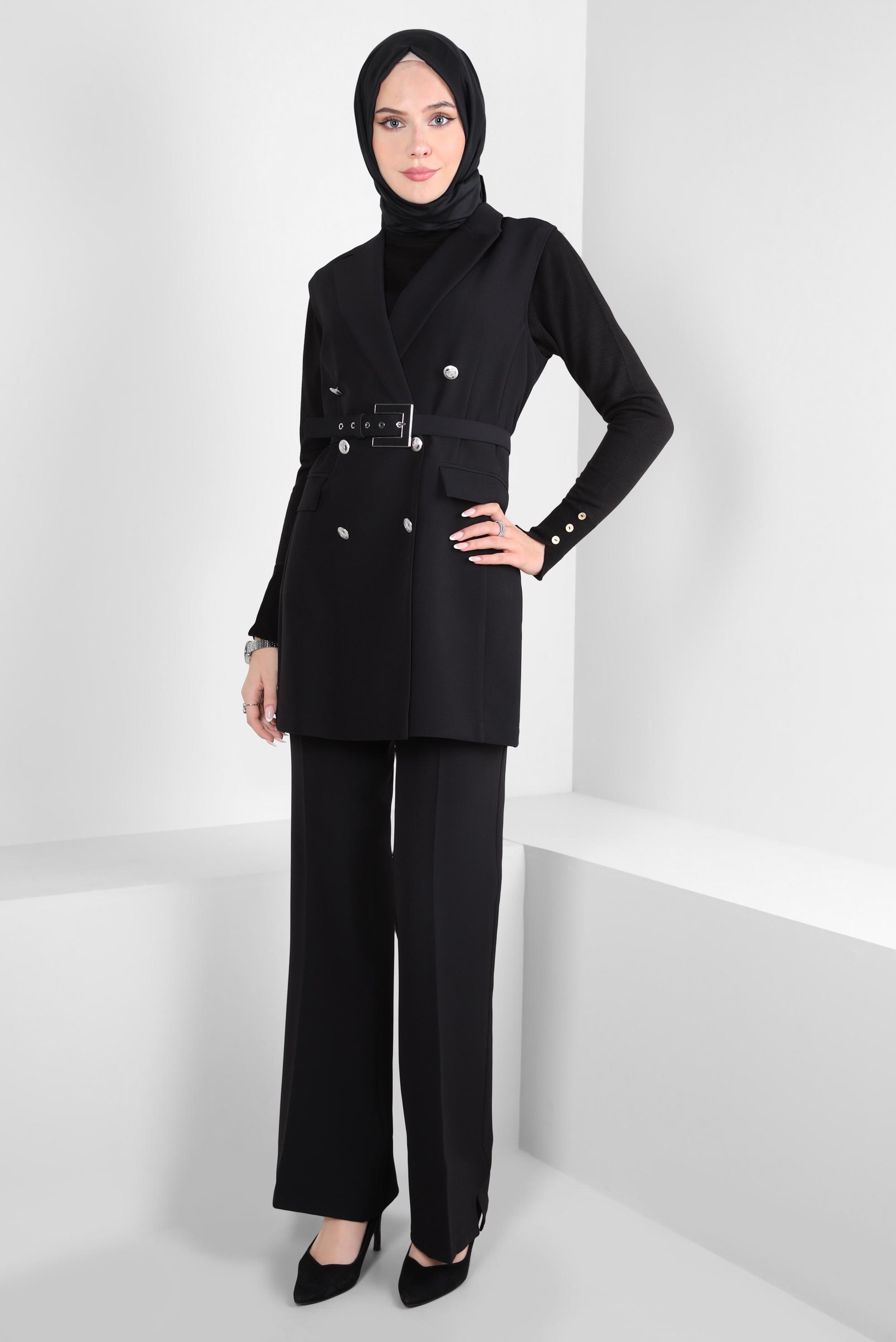 Tesettür giyim SİYAH YELEKLİ PANTOLONLU TAKIM 44172