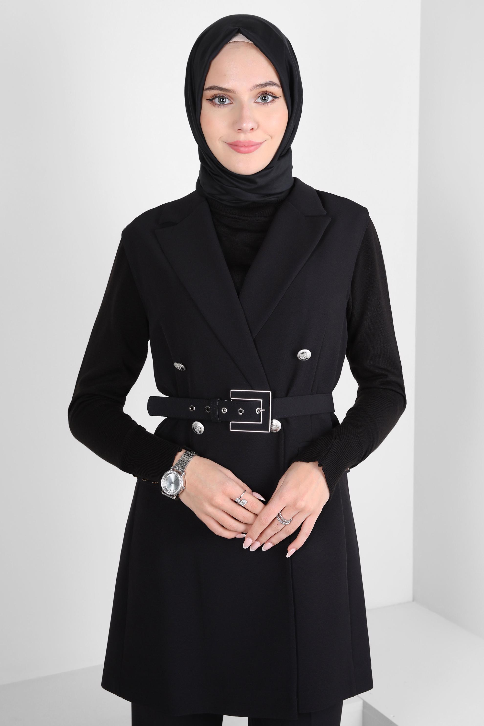 Tesettür giyim SİYAH YELEKLİ PANTOLONLU TAKIM 44172