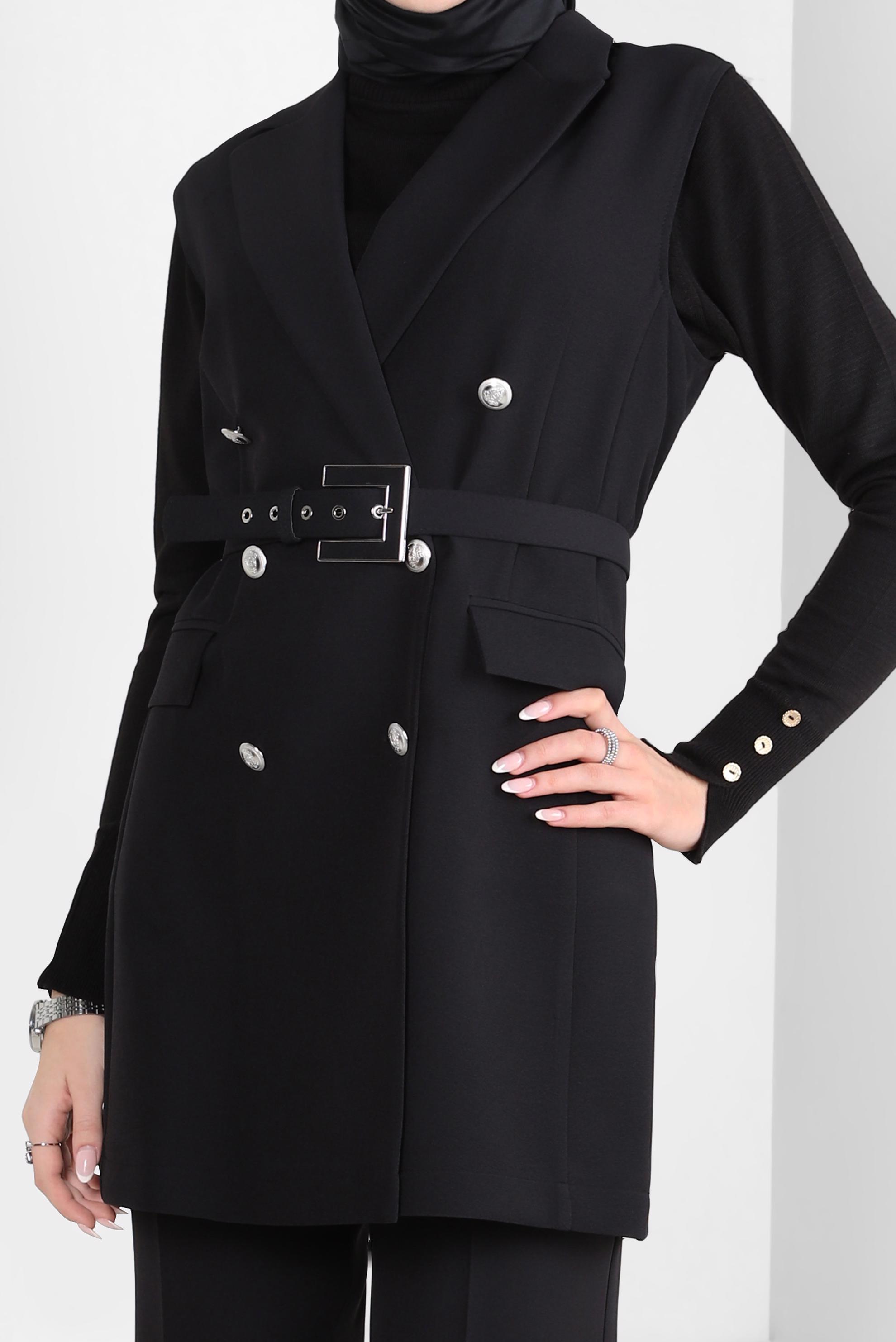 Tesettür giyim SİYAH YELEKLİ PANTOLONLU TAKIM 44172