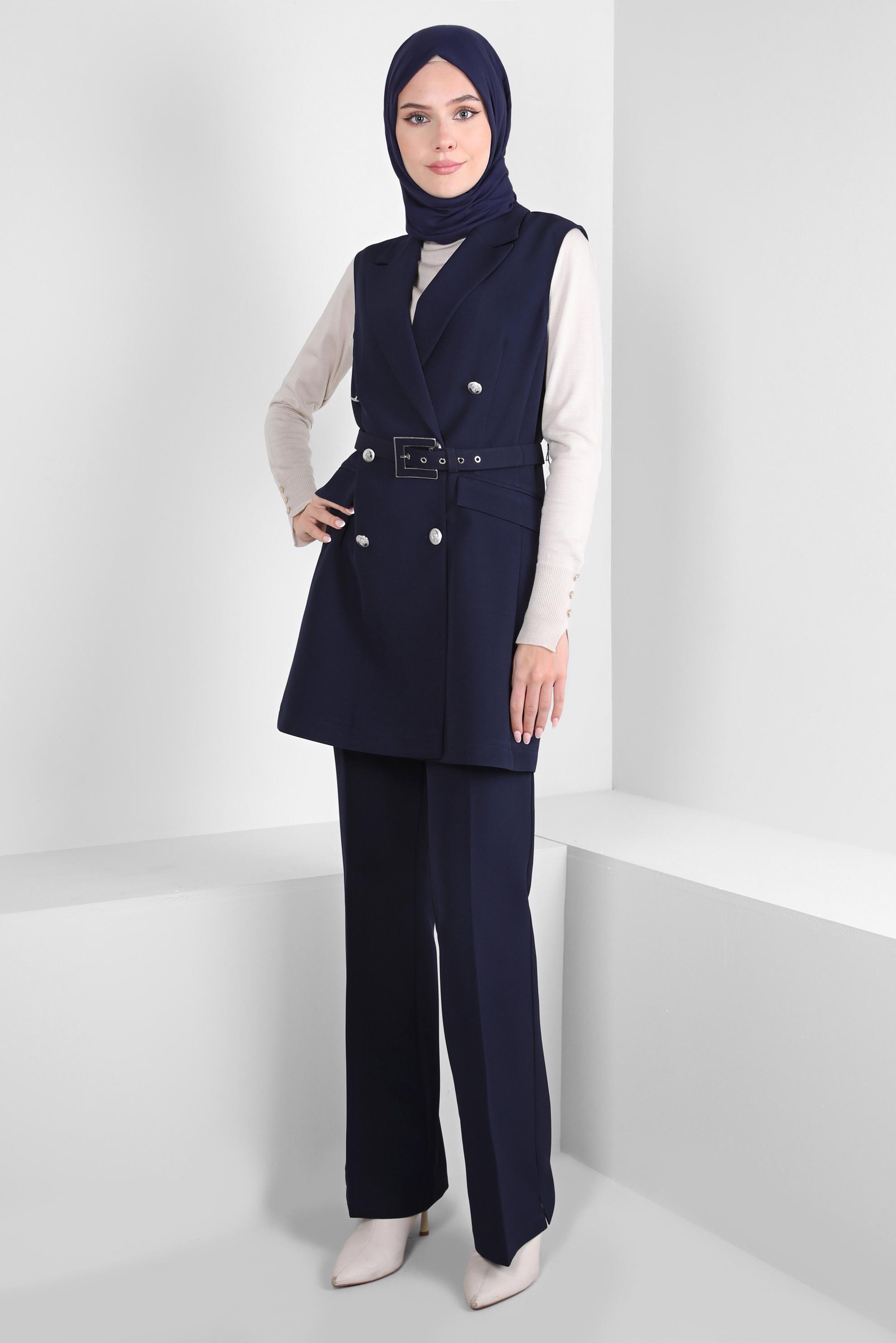 Tesettür giyim LACİVERT YELEKLİ PANTOLONLU TAKIM 44172