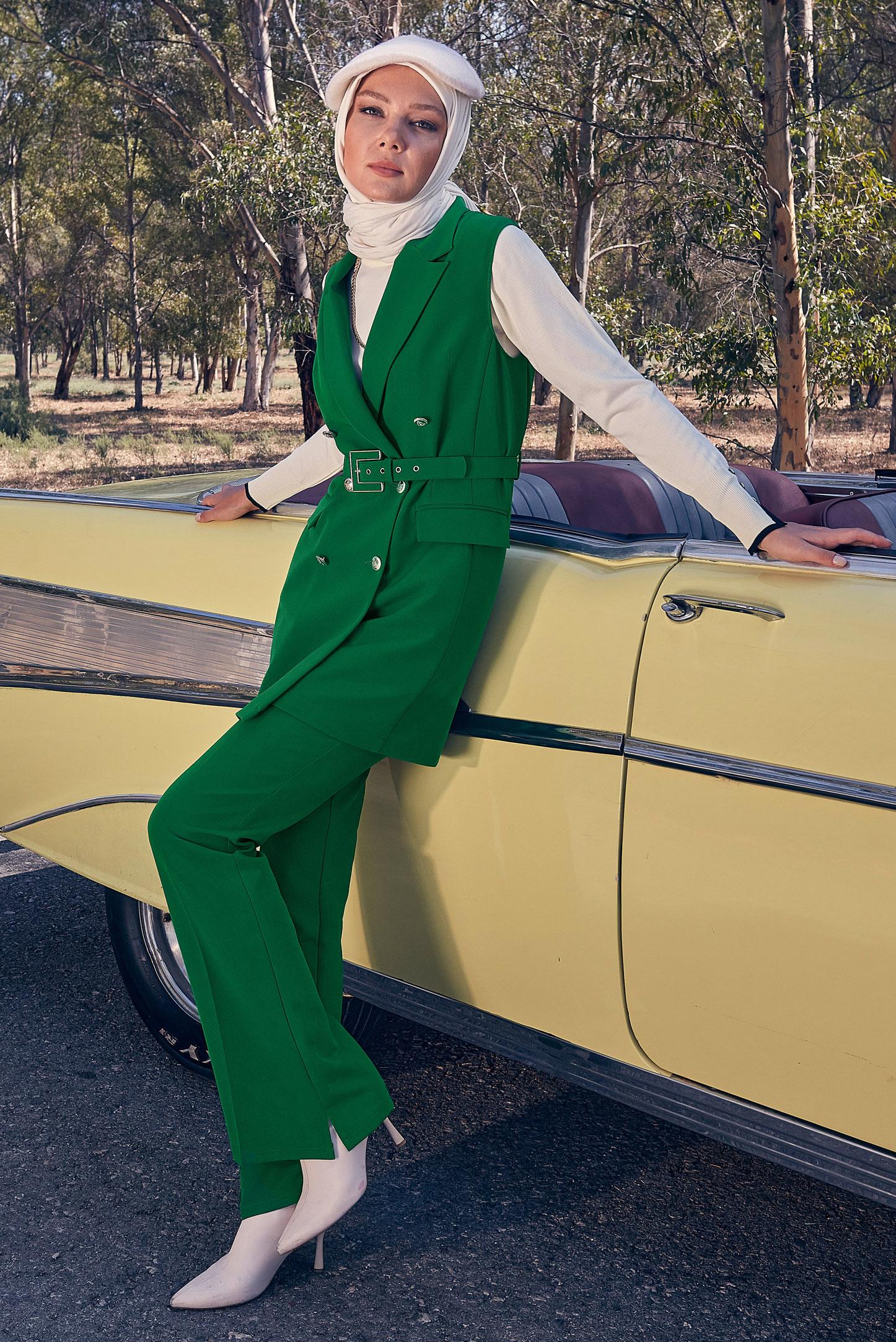 Tesettür giyim YEŞİL YELEKLİ PANTOLONLU TAKIM 44172