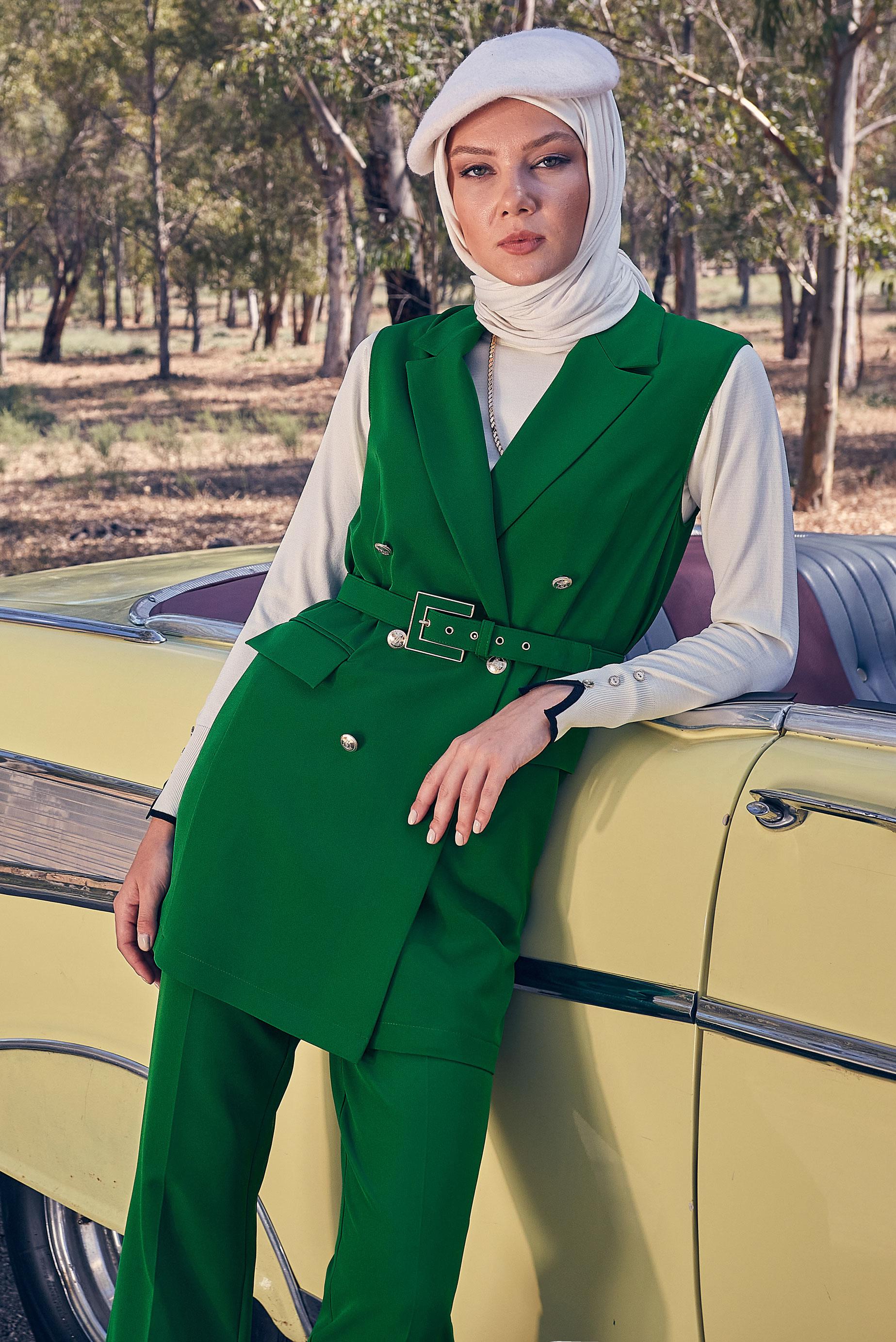Tesettür giyim YEŞİL YELEKLİ PANTOLONLU TAKIM 44172
