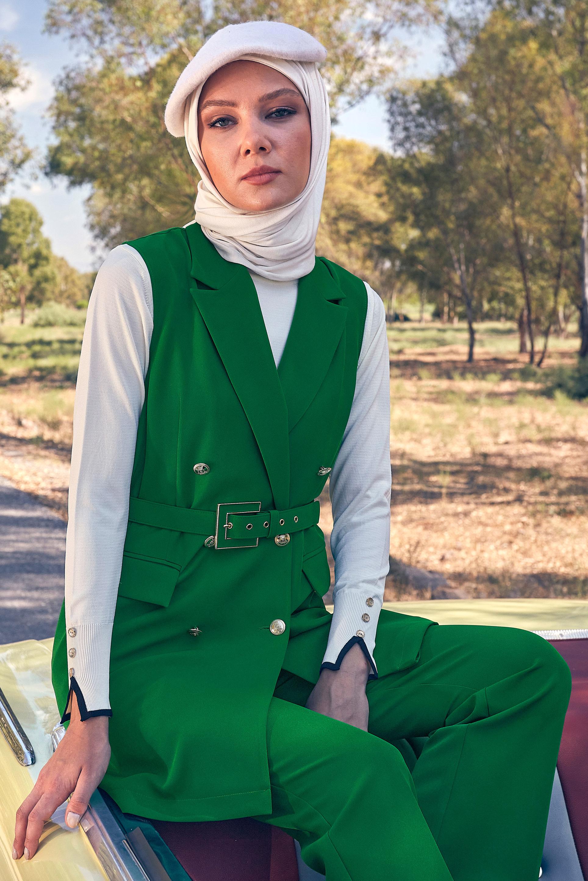 Tesettür giyim YEŞİL YELEKLİ PANTOLONLU TAKIM 44172