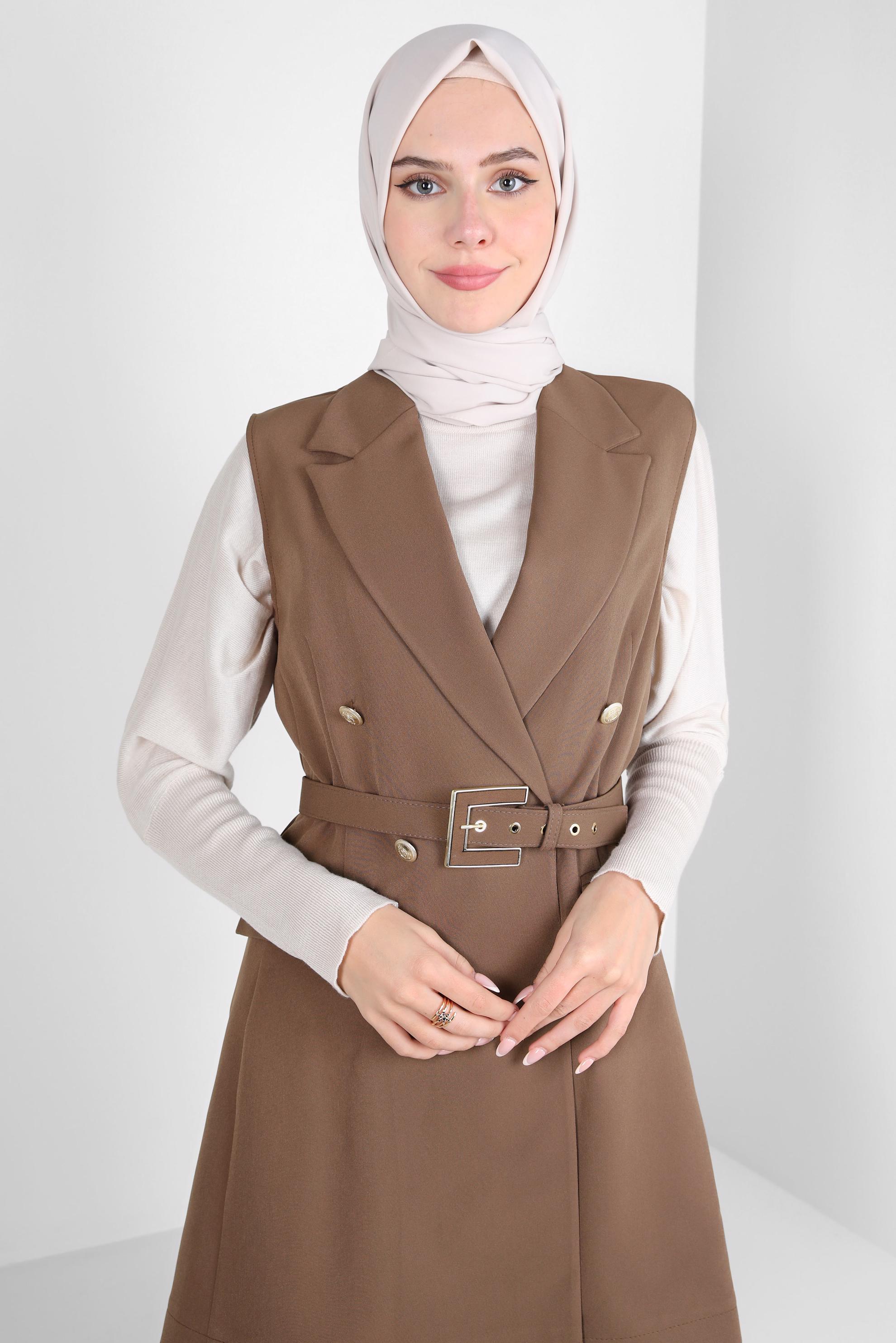 Tesettür giyim VİZON YELEKLİ PANTOLONLU TAKIM 44172