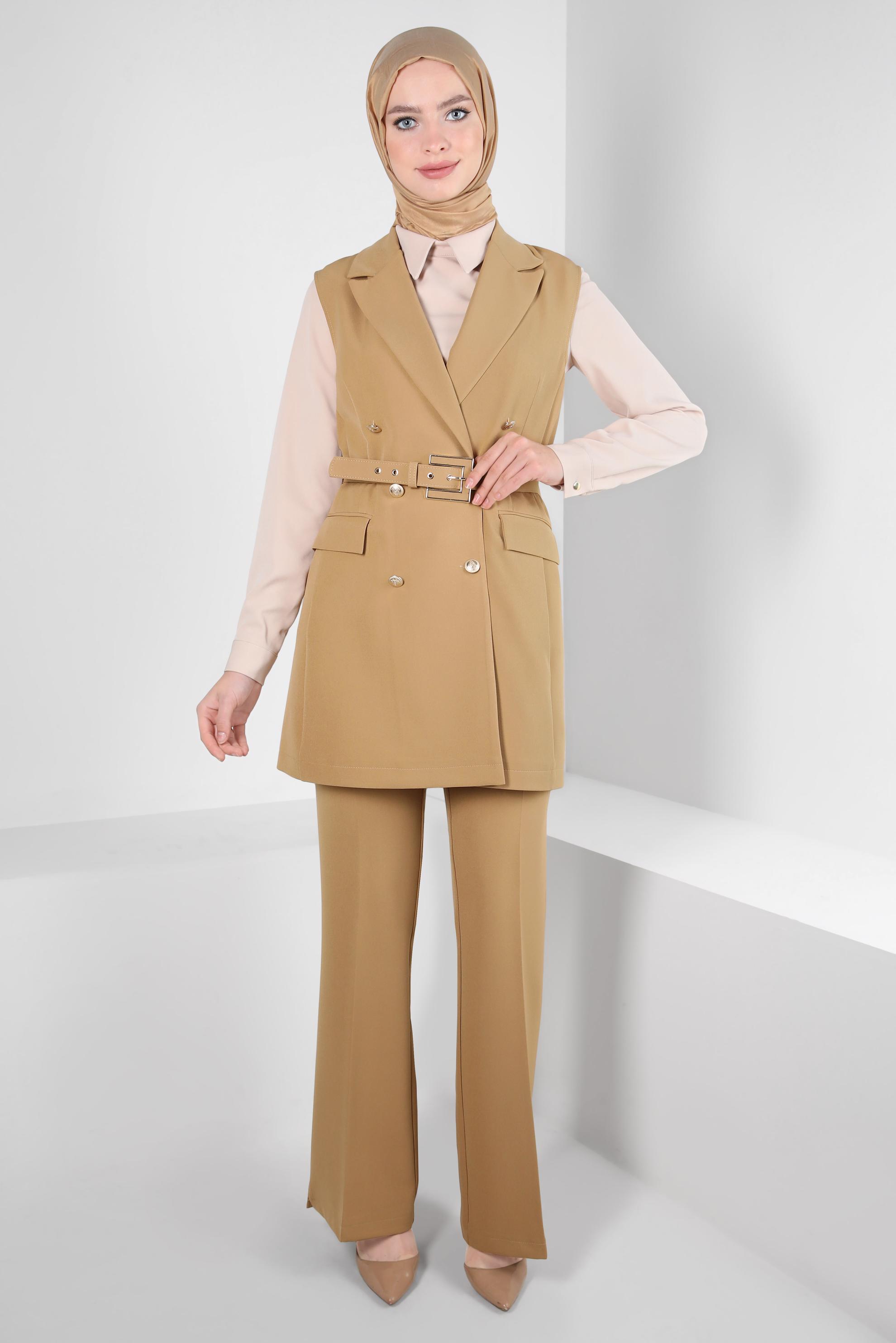 Tesettür giyim KAHVE YELEKLİ PANTOLONLU TAKIM 44172