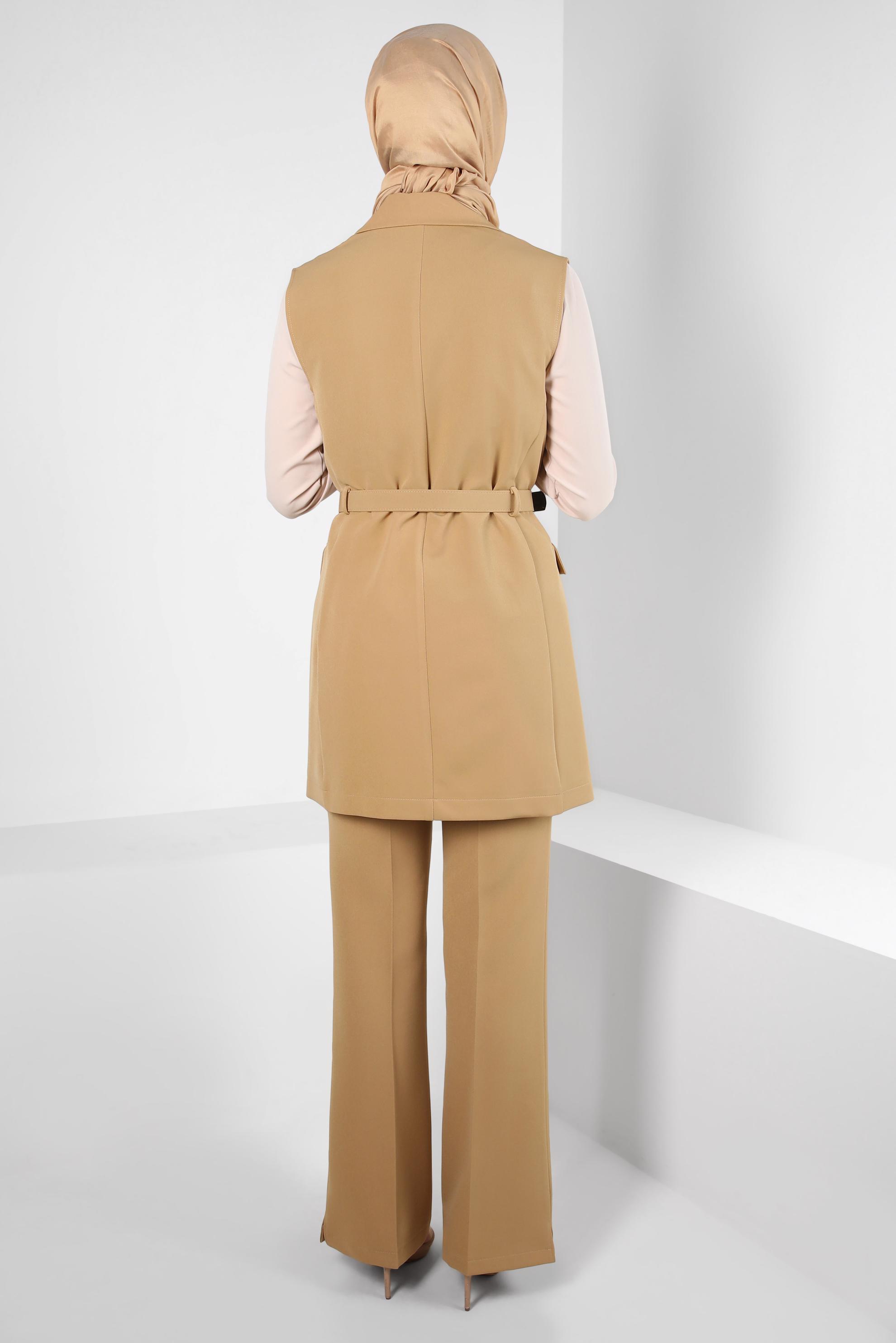 Tesettür giyim KAHVE YELEKLİ PANTOLONLU TAKIM 44172