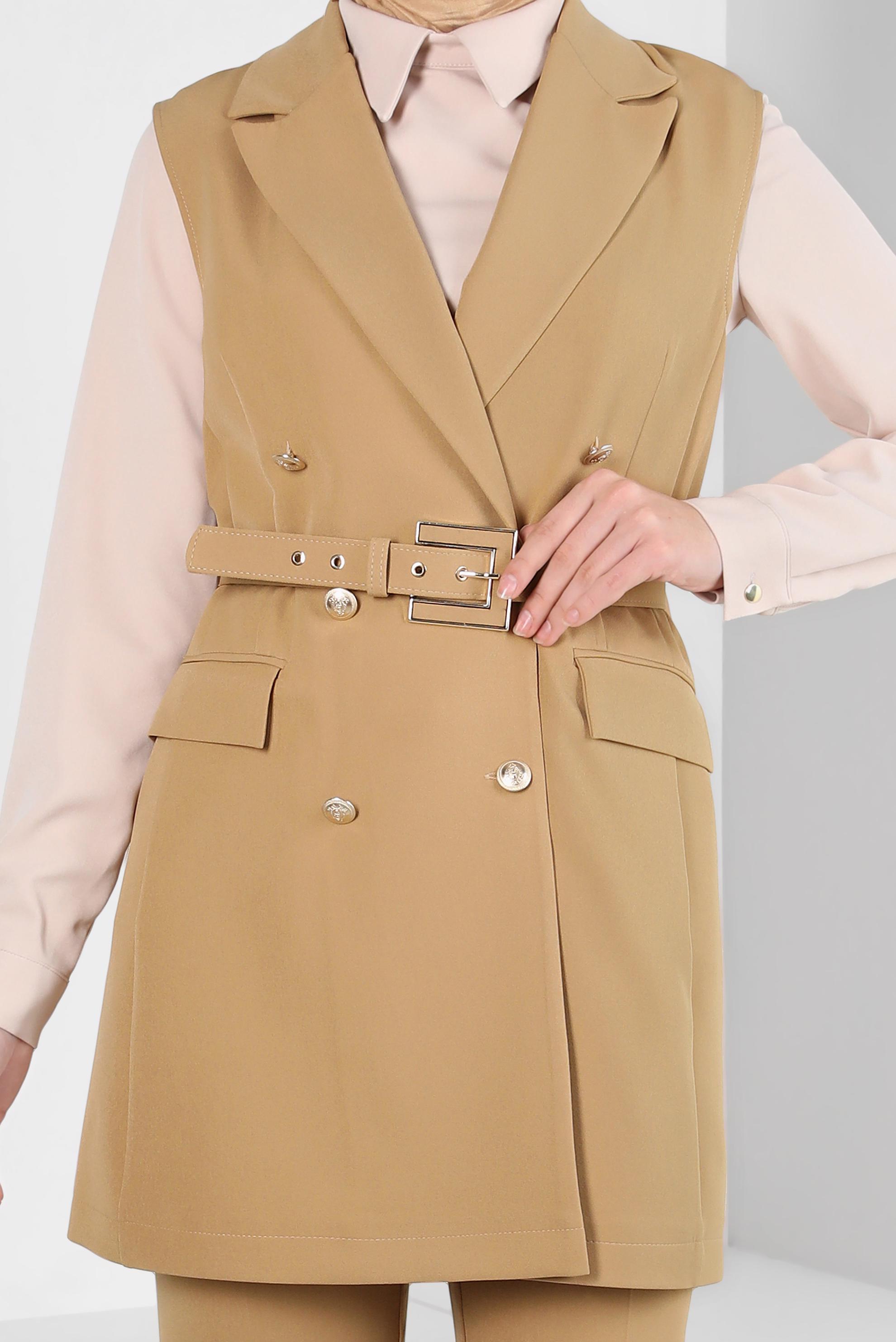 Tesettür giyim KAHVE YELEKLİ PANTOLONLU TAKIM 44172