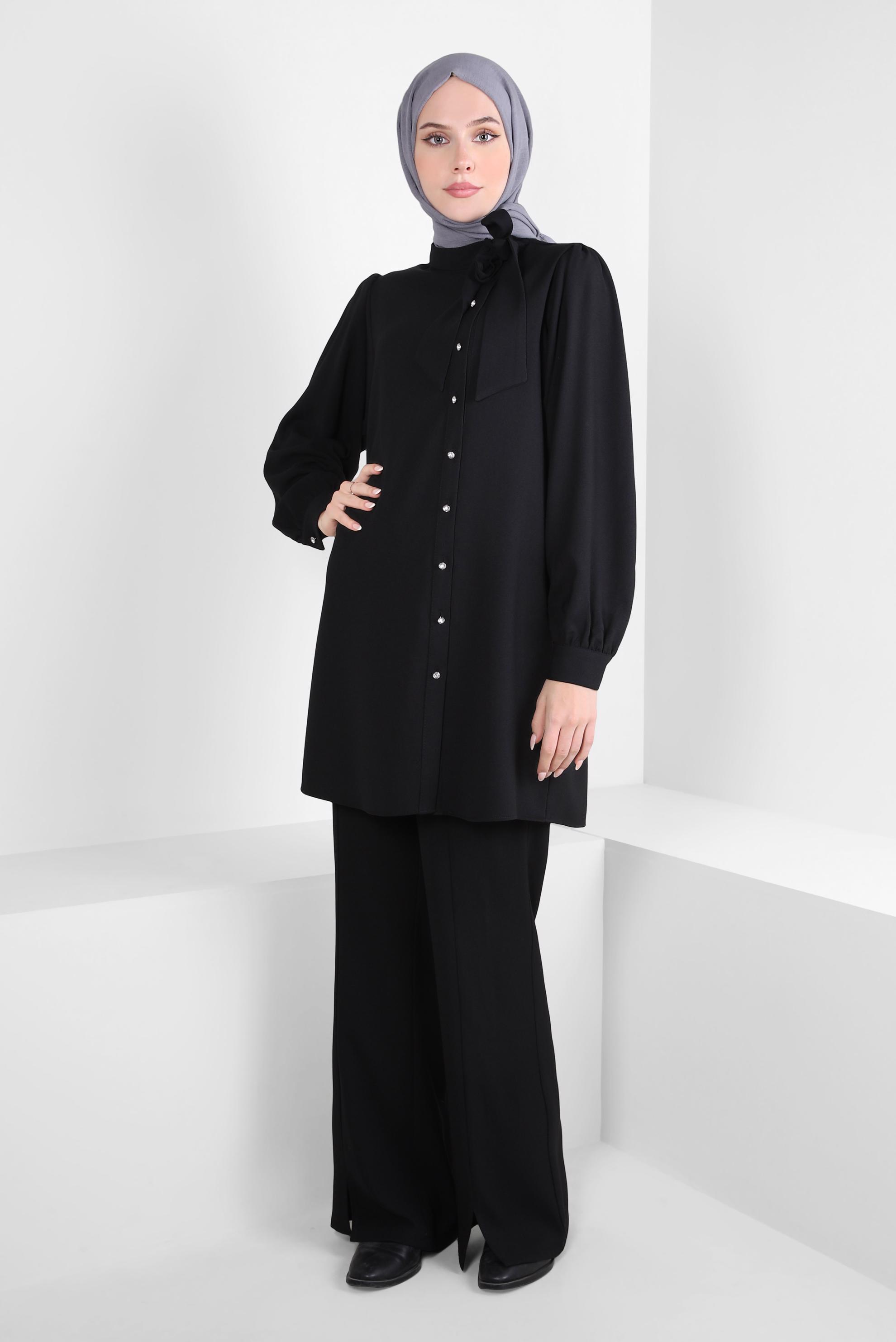 Tesettür giyim SİYAH PANTOLONLU KREP TAKIM 44176