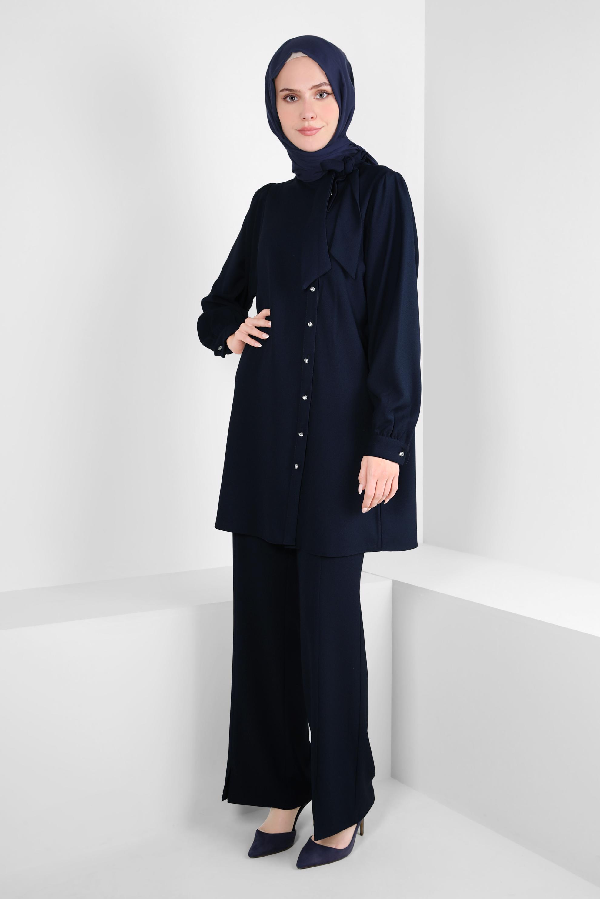 Tesettür giyim LACİVERT PANTOLONLU KREP TAKIM 44176