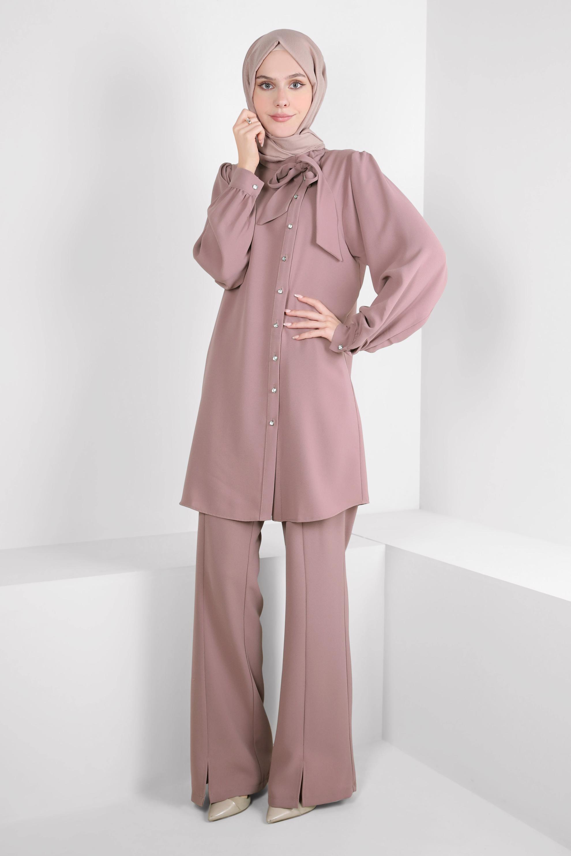Tesettür giyim PUDRA PANTOLONLU KREP TAKIM 44176