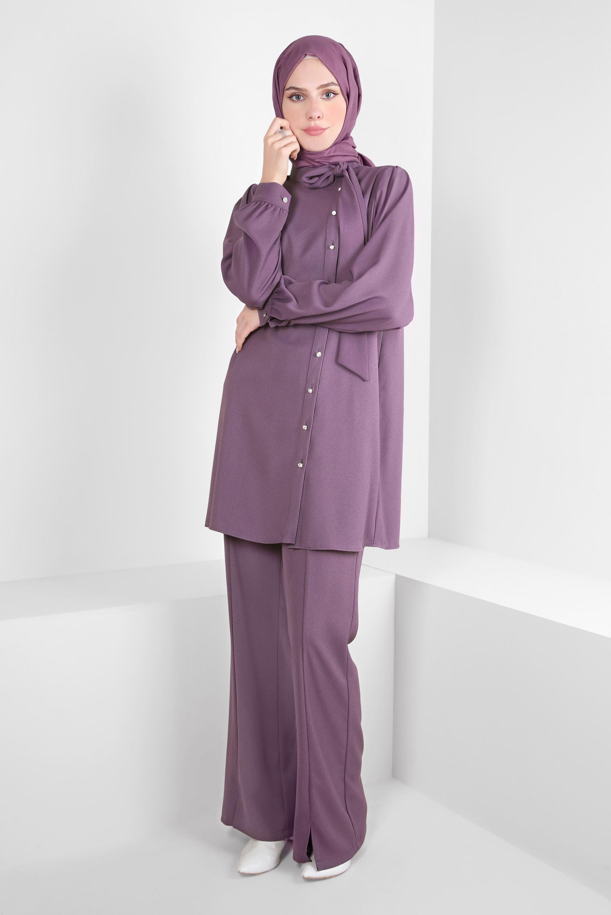 Tesettür giyim MOR PANTOLONLU KREP TAKIM 44176